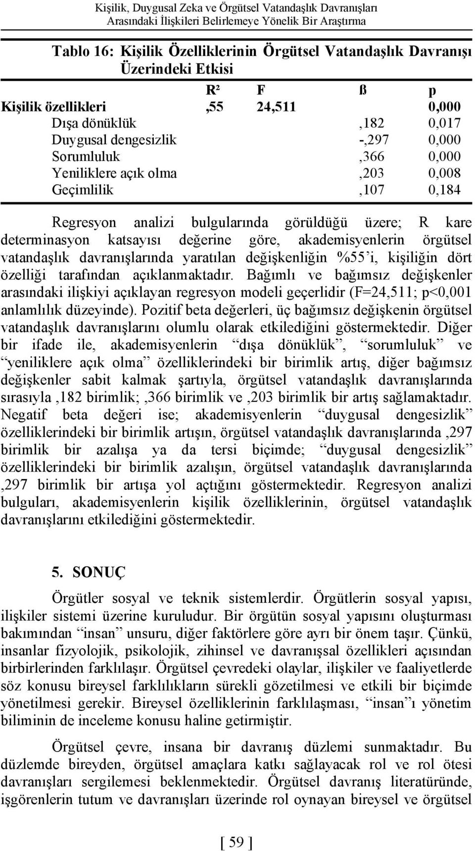 üzere; R kare determinasyon katsayısı değerine göre, akademisyenlerin örgütsel vatandaşlık davranışlarında yaratılan değişkenliğin %55 i, kişiliğin dört özelliği tarafından açıklanmaktadır.