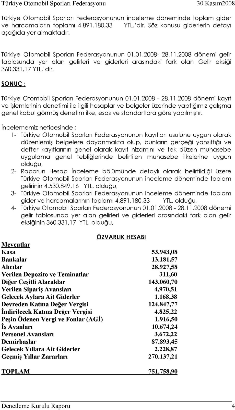SONUÇ ; Türkiye Otomobil Sporları Federasyonunun 01.01.2008-28.11.