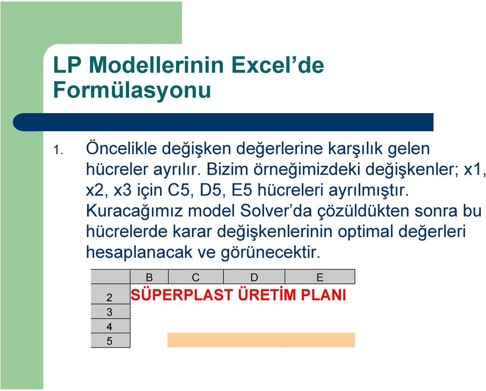 Bizim örneğimizdeki değişkenler; x1, x2, x3 için C5, D5, E5 hücreleri ayrılmıştır.