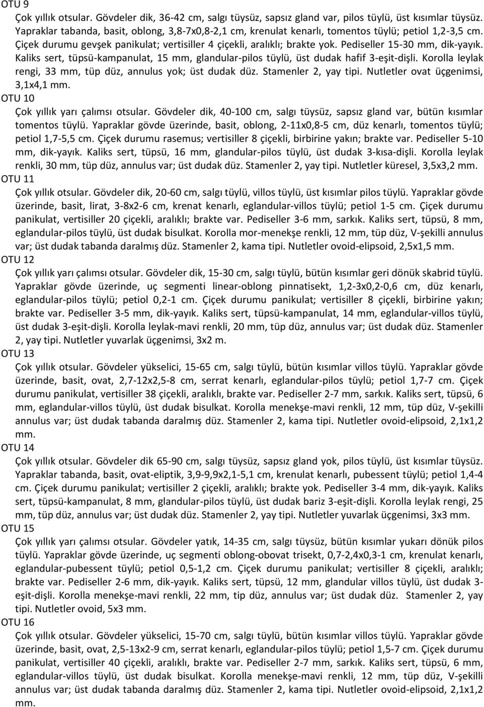 Pediseller 15-30 mm, dik-yayık. Kaliks sert, tüpsü-kampanulat, 15 mm, glandular-pilos tüylü, üst dudak hafif 3-eşit-dişli. Korolla leylak rengi, 33 mm, tüp düz, annulus yok; üst dudak düz.