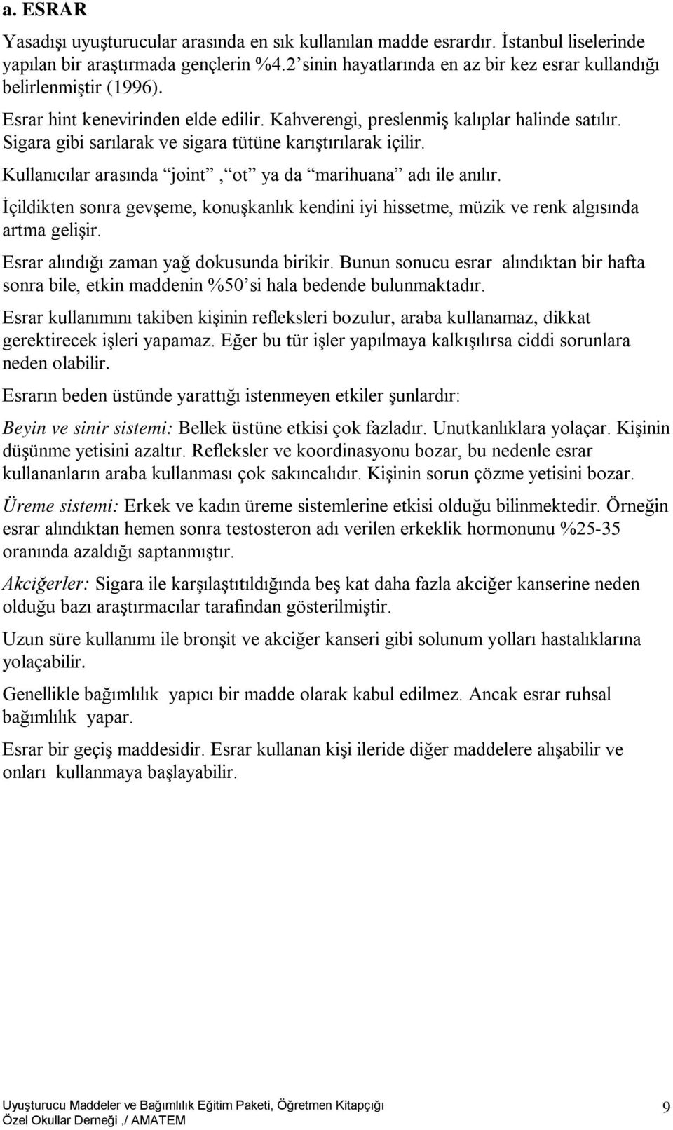 Sigara gibi sarılarak ve sigara tütüne karıştırılarak içilir. Kullanıcılar arasında joint, ot ya da marihuana adı ile anılır.