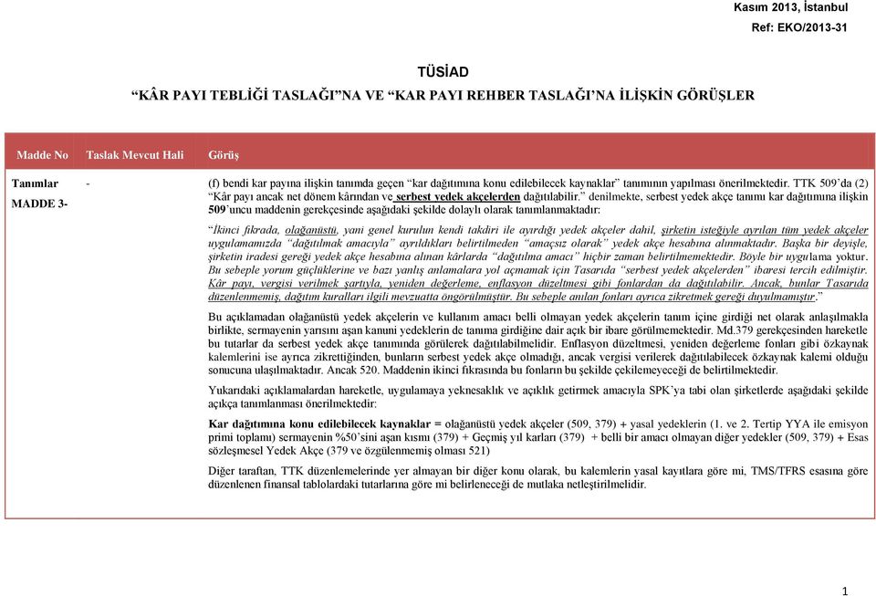 denilmekte, serbest yedek akçe tanımı kar dağıtımına ilişkin 509 uncu maddenin gerekçesinde aşağıdaki şekilde dolaylı olarak tanımlanmaktadır: İkinci fıkrada, olağanüstü, yani genel kurulun kendi