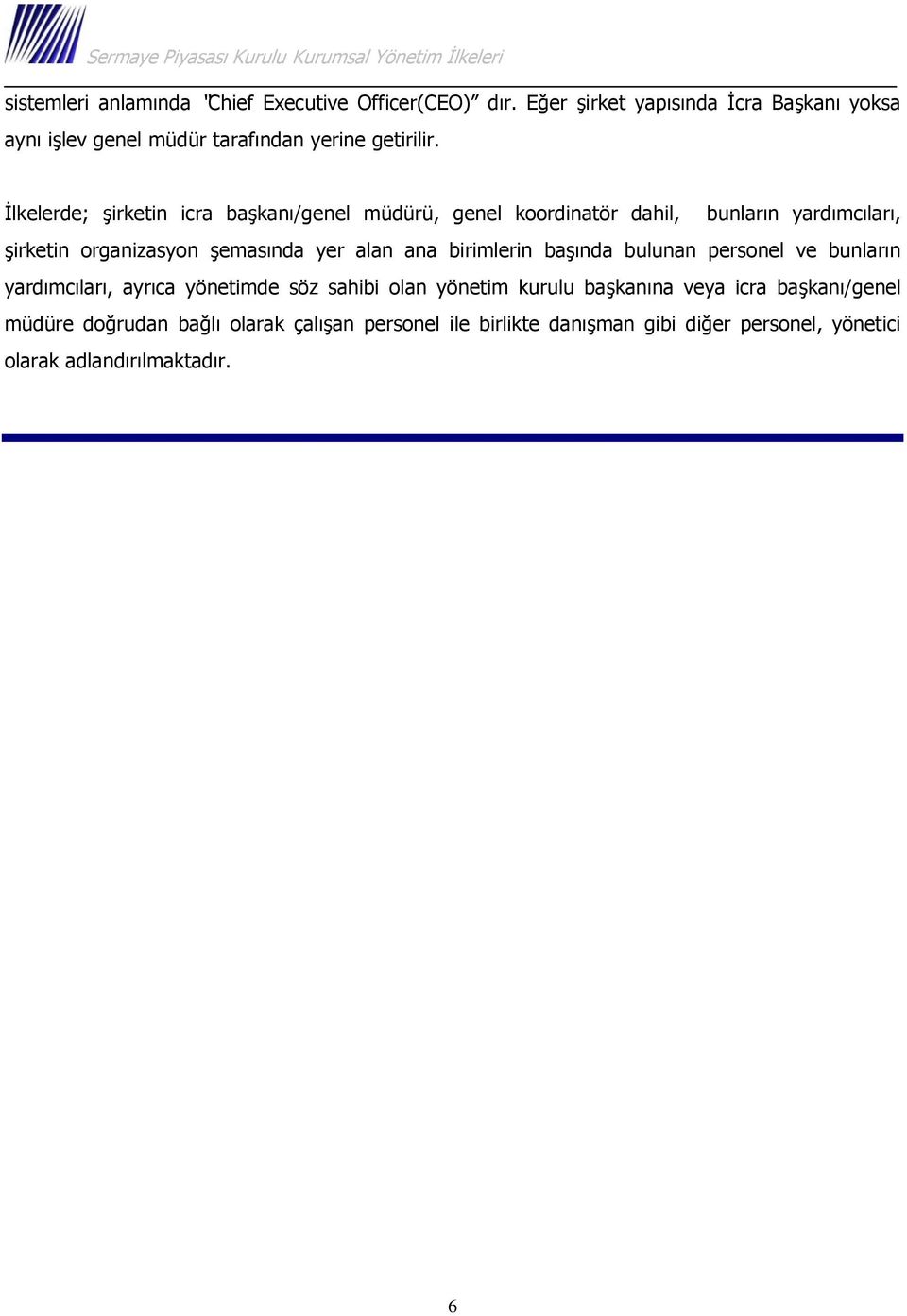 İlkelerde; şirketin icra başkanı/genel müdürü, genel koordinatör dahil, bunların yardımcıları, şirketin organizasyon şemasında yer alan ana