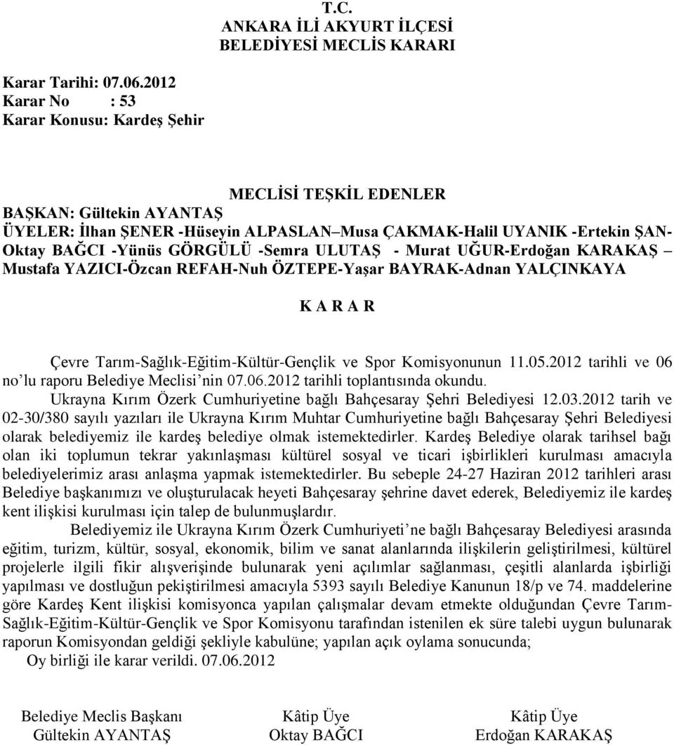 Tarım-Sağlık-Eğitim-Kültür-Gençlik ve Spor Komisyonunun 11.05.2012 tarihli ve 06 no lu raporu Belediye Meclisi nin 07.06.2012 tarihli toplantısında okundu.