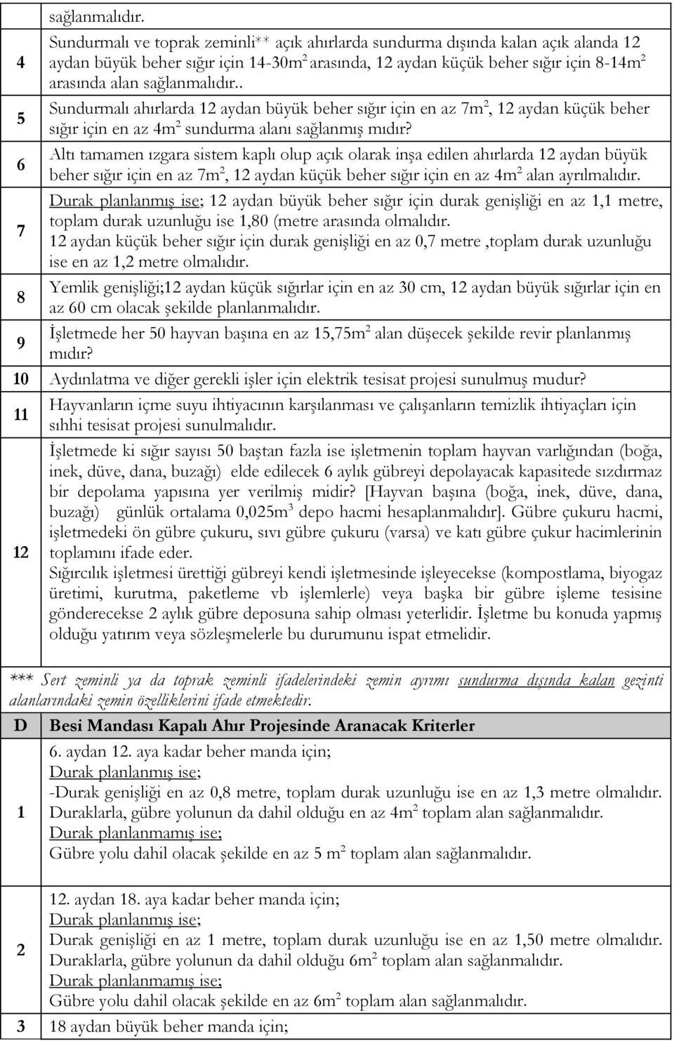 Altı tamamen ızgara sistem kaplı olup açık olarak inşa edilen ahırlarda aydan büyük 6 beher sığır için en az m, aydan küçük beher sığır için en az 4m alan ayrılmalıdır.