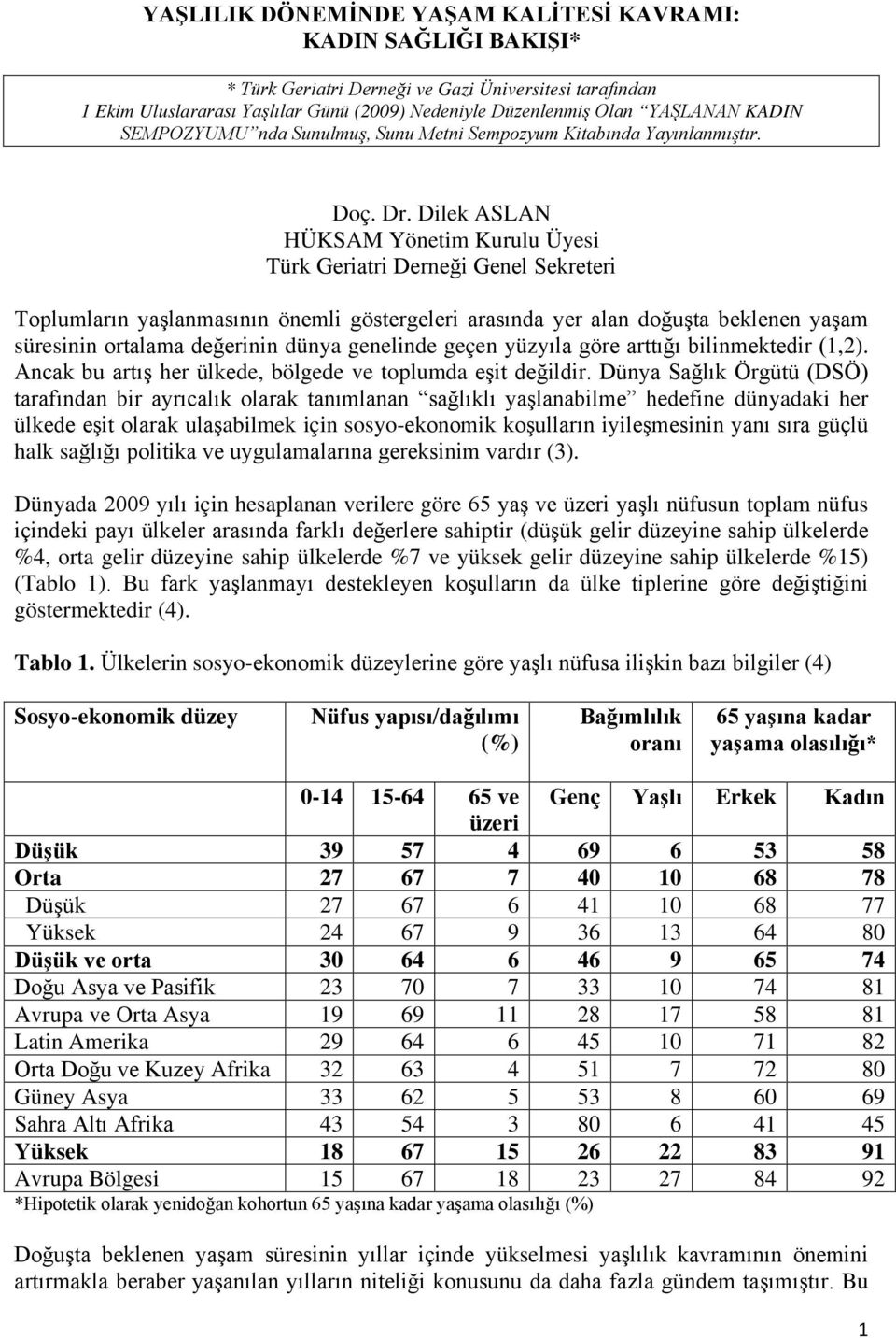 Dilek ASLAN HÜKSAM Yönetim Kurulu Üyesi Türk Geriatri Derneği Genel Sekreteri Toplumların yaşlanmasının önemli göstergeleri arasında yer alan doğuşta beklenen yaşam süresinin ortalama değerinin dünya