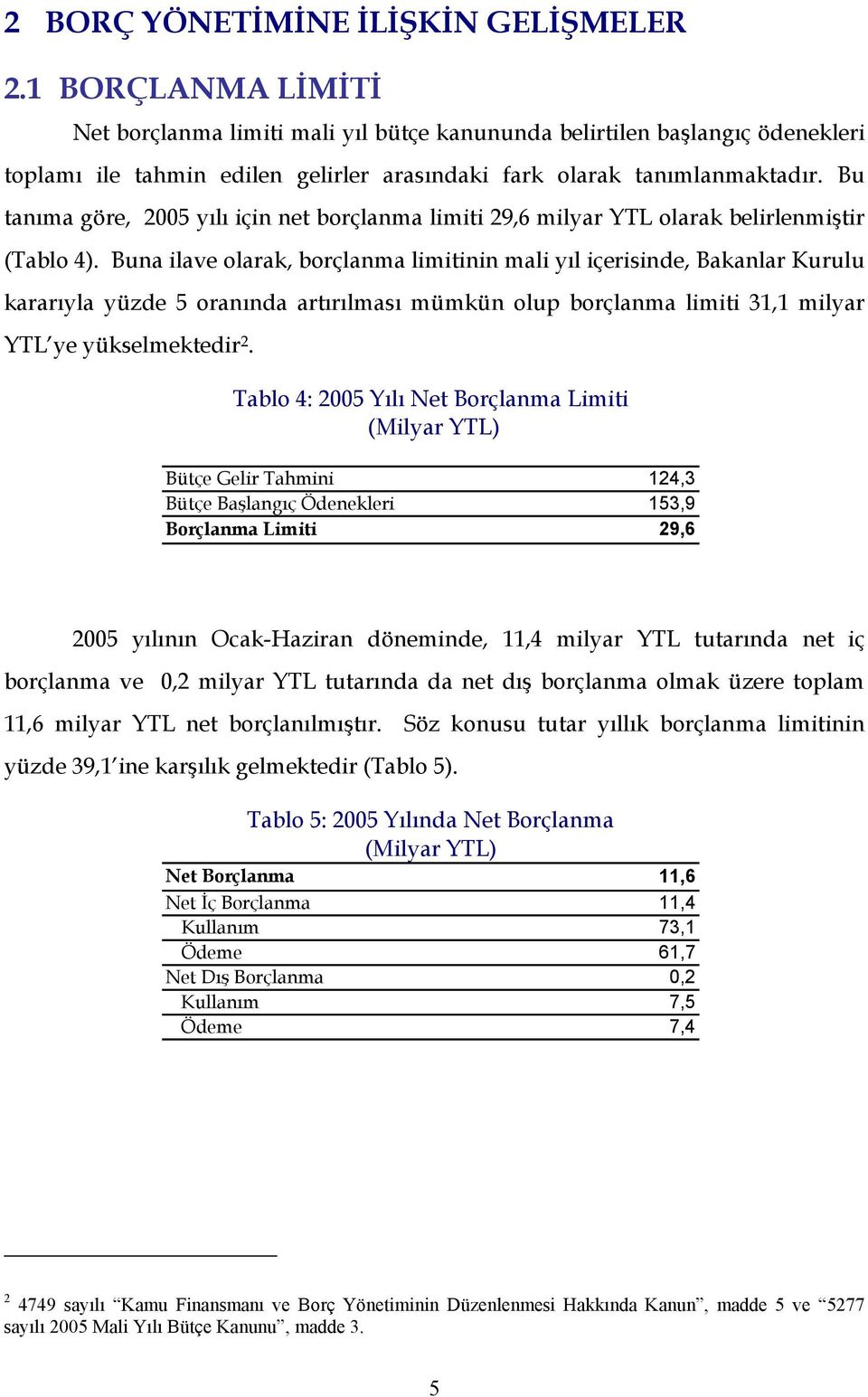 Bu tanıma göre, 2005 yılı için net borçlanma limiti 29,6 milyar YTL olarak belirlenmiştir (Tablo 4).