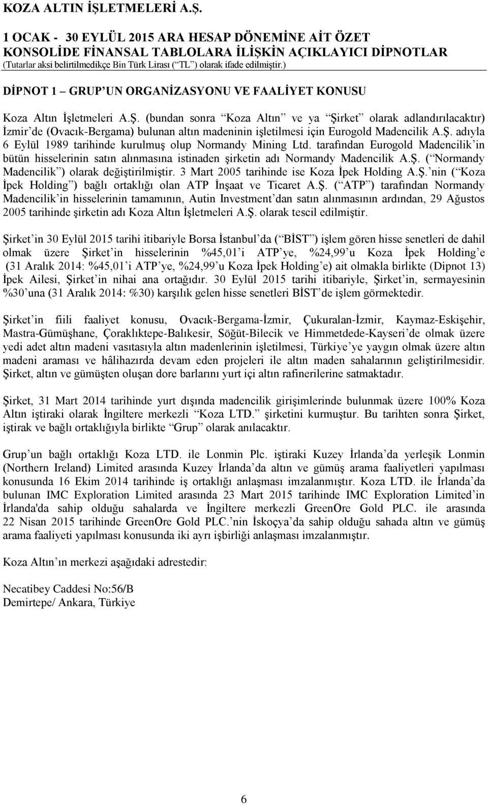 tarafından Eurogold Madencilik in bütün hisselerinin satın alınmasına istinaden şirketin adı Normandy Madencilik A.Ş. ( Normandy Madencilik ) olarak değiştirilmiştir.