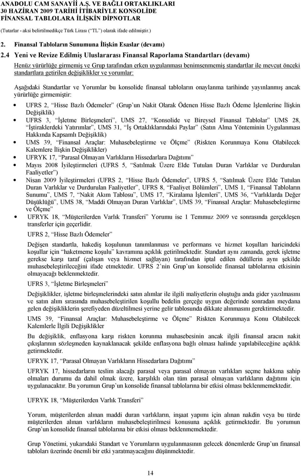 getirilen değişiklikler ve yorumlar: Aşağıdaki Standartlar ve Yorumlar bu konsolide finansal tabloların onaylanma tarihinde yayınlanmış ancak yürürlüğe girmemiştir: UFRS 2, Hisse Bazlı Ödemeler (Grup