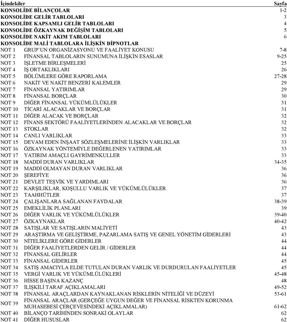 NAKİT VE NAKİT BENZERİ KALEMLER 29 NOT 7 FİNANSAL YATIRIMLAR 29 NOT 8 FİNANSAL BORÇLAR 30 NOT 9 DİĞER FİNANSAL YÜKÜMLÜLÜKLER 31 NOT 10 TİCARİ ALACAKLAR VE BORÇLAR 31 NOT 11 DİĞER ALACAK VE BORÇLAR 32