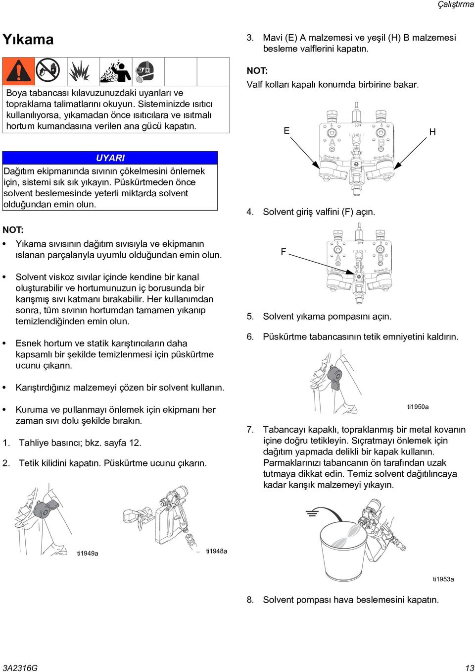 E H UYARI Daðýtým ekipmanýnda sývýnýn çökelmesini önlemek için, sistemi sýk sýk yýkayýn. Püskürtmeden önce solvent beslemesinde yeterli miktarda solvent olduðundan emin olun.