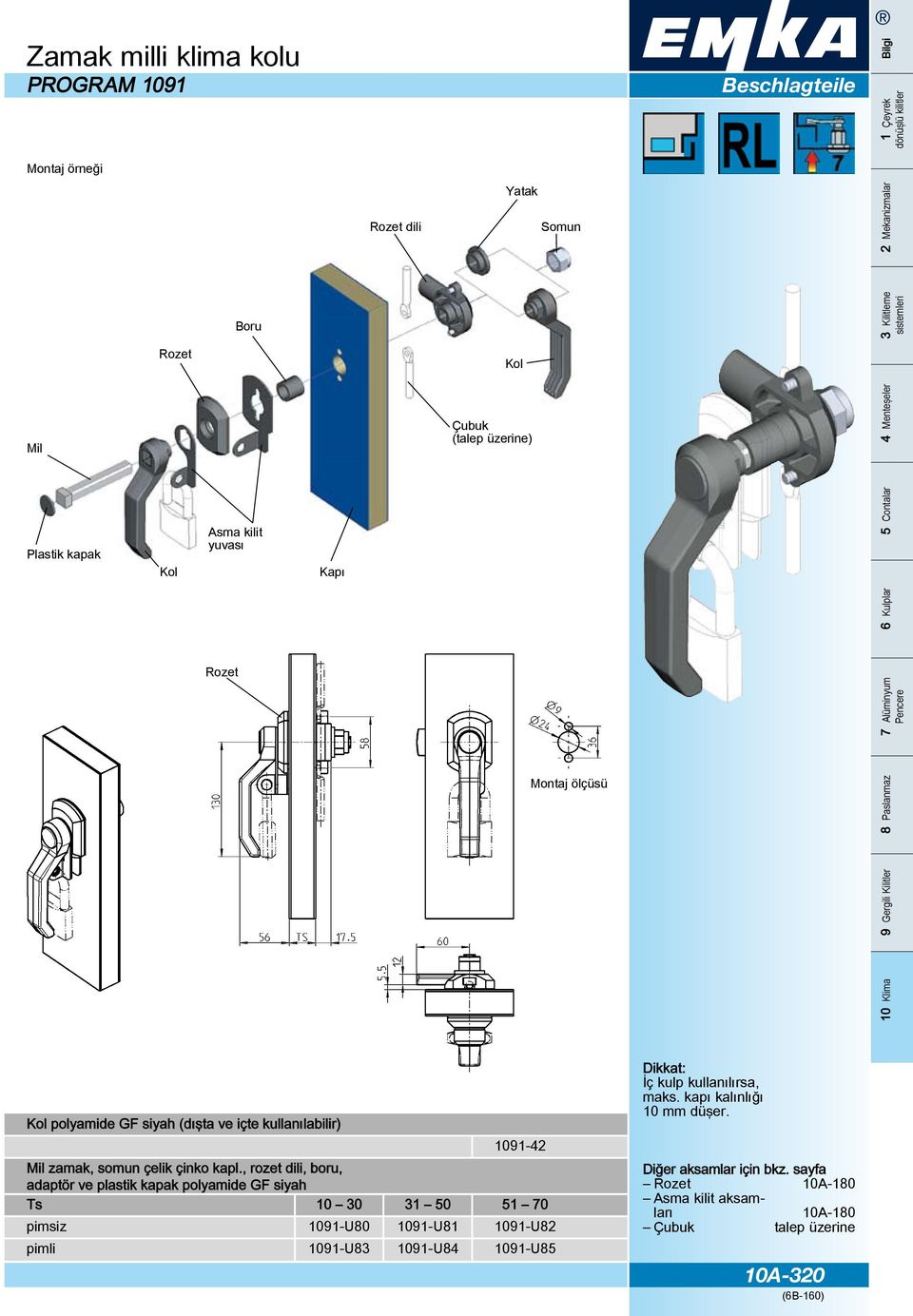 , rozet dili, boru, adaptör ve plastik kapak polyamide GF siyah Ts 10 30 31 50 51 70 pimsiz 1091-U80 1091-U81 1091-U82 pimli 1091-U83 1091-U84