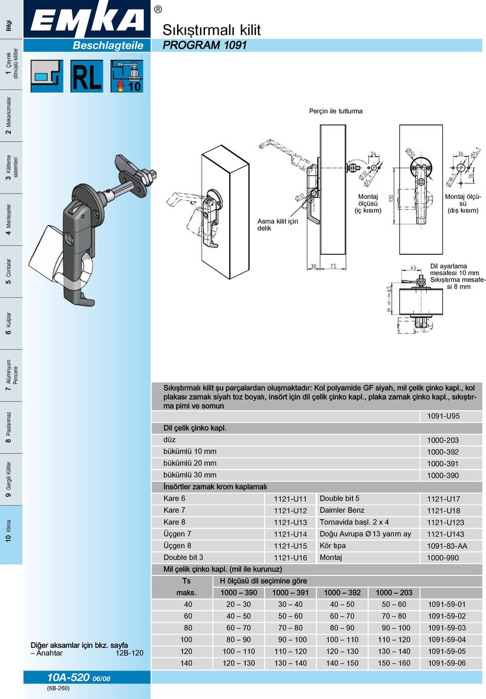 Sıkıştırmalı kilit şu parçalardan oluşmaktadır: Kol polyamide GF siyah, mil çelik çinko kapl., kol plakası zamak siyah toz boyalı, insört için dil çelik çinko kapl., plaka zamak çinko kapl.