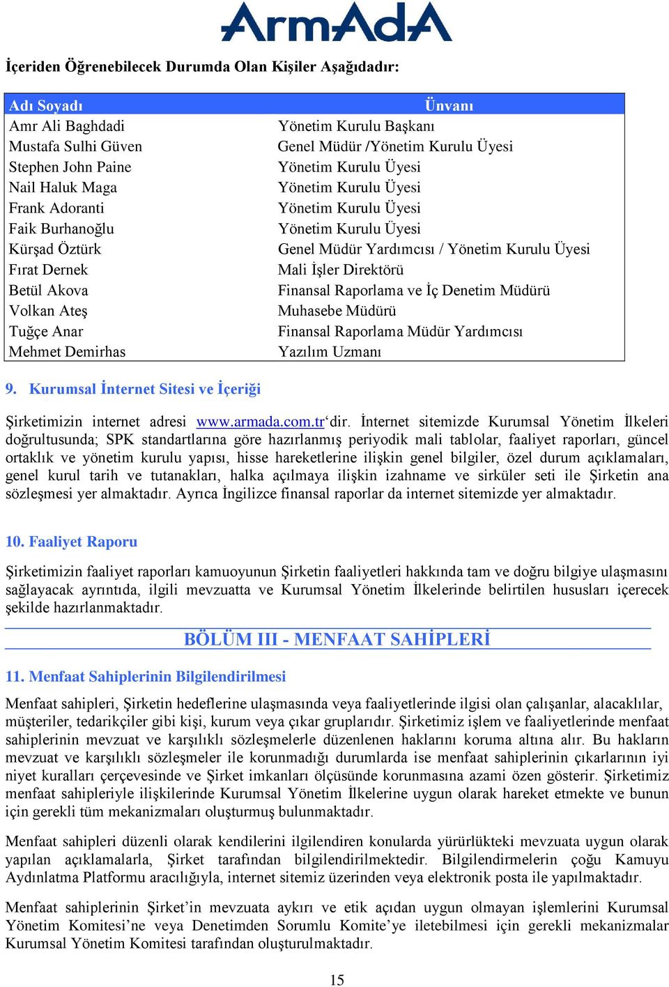 Genel Müdür Yardımcısı / Yönetim Kurulu Üyesi Mali İşler Direktörü Finansal Raporlama ve İç Denetim Müdürü Muhasebe Müdürü Finansal Raporlama Müdür Yardımcısı Yazılım Uzmanı 9.