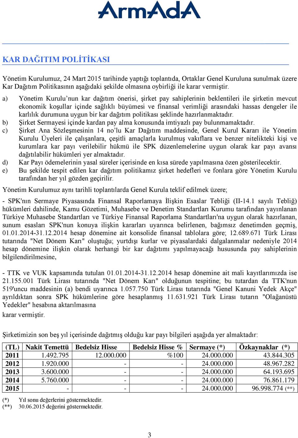 a) Yönetim Kurulu nun kar dağıtım önerisi, şirket pay sahiplerinin beklentileri ile şirketin mevcut ekonomik koşullar içinde sağlıklı büyümesi ve finansal verimliği arasındaki hassas dengeler ile