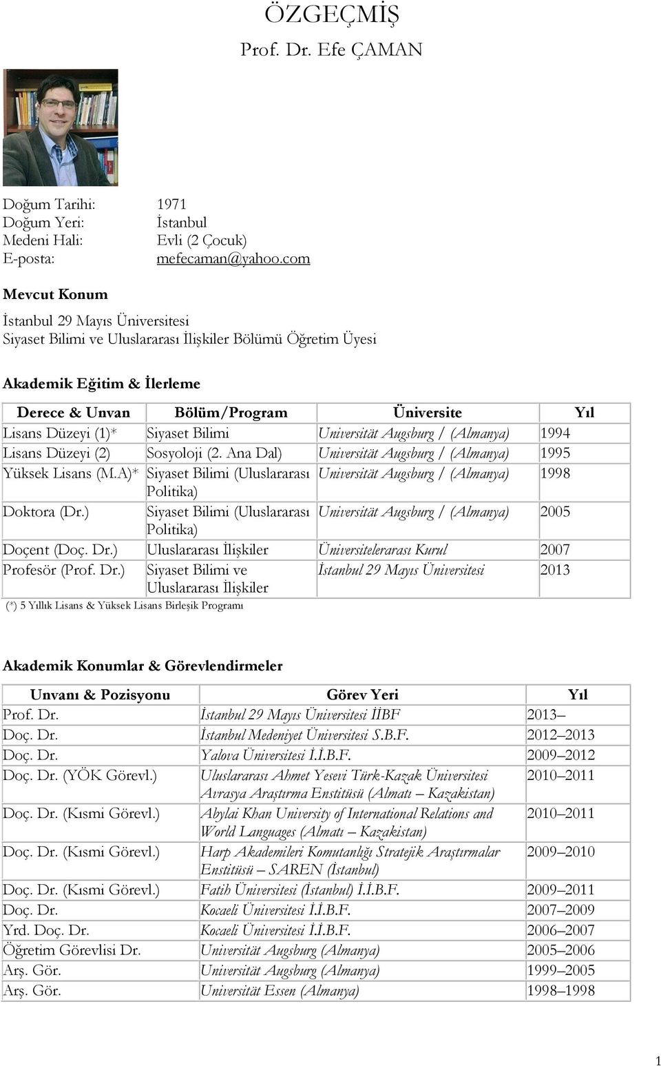 Siyaset Bilimi Universität Augsburg / (Almanya) 1994 Lisans Düzeyi (2) Sosyoloji (2. Ana Dal) Universität Augsburg / (Almanya) 1995 Yüksek Lisans (M.