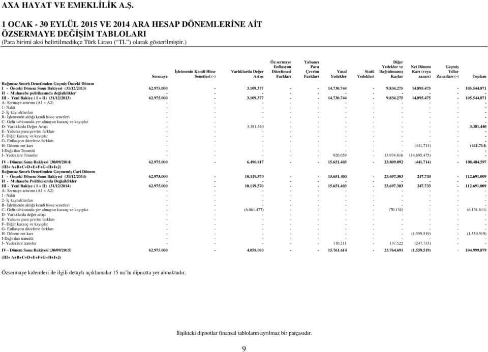 Dönem I - Önceki Dönem Sonu Bakiyesi (31/12/2013) 62.975.000-3.109.377 - - 14.730.744-9.834.275 14.895.475-105.544.