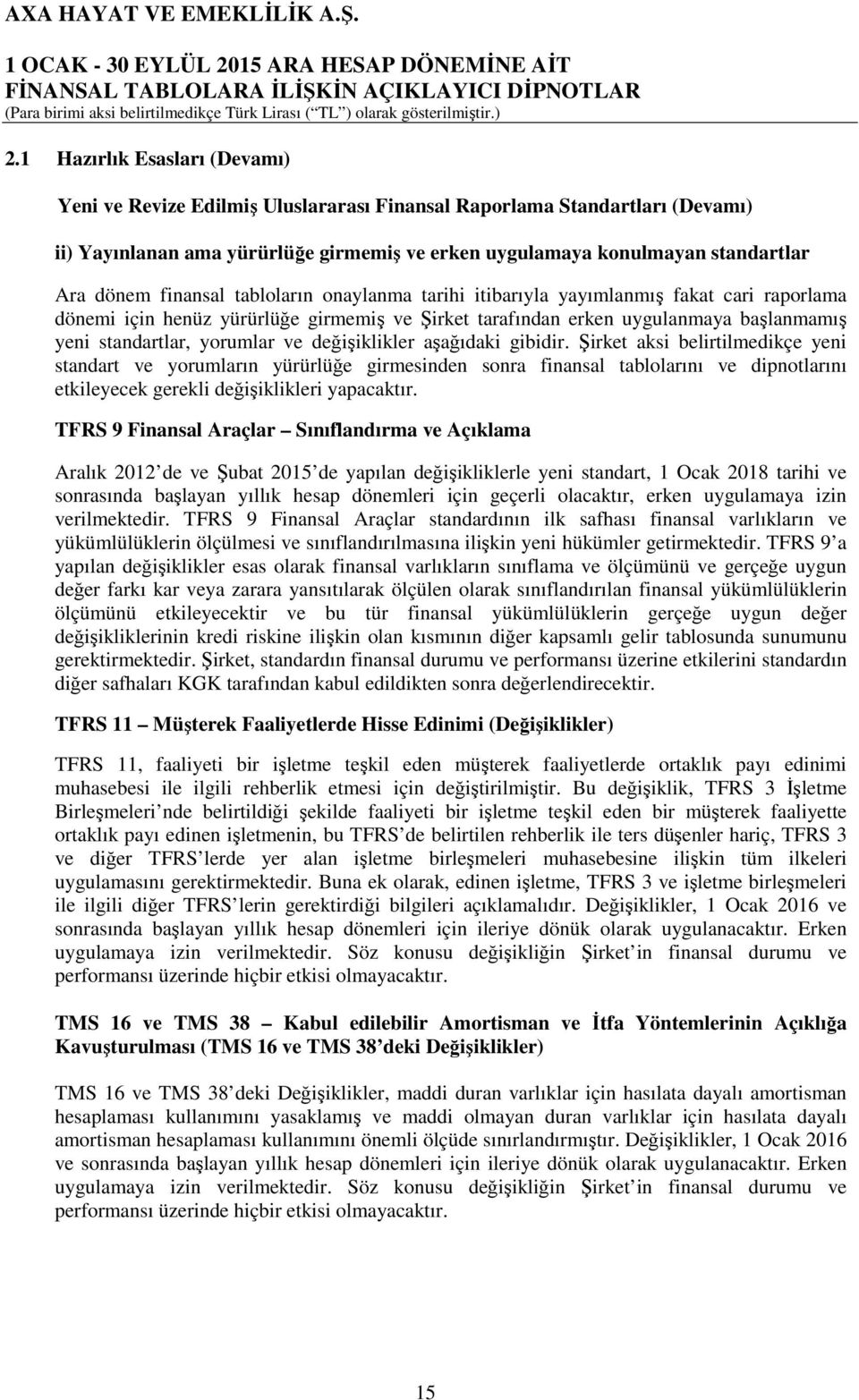 değişiklikler aşağıdaki gibidir. Şirket aksi belirtilmedikçe yeni standart ve yorumların yürürlüğe girmesinden sonra finansal tablolarını ve dipnotlarını etkileyecek gerekli değişiklikleri yapacaktır.