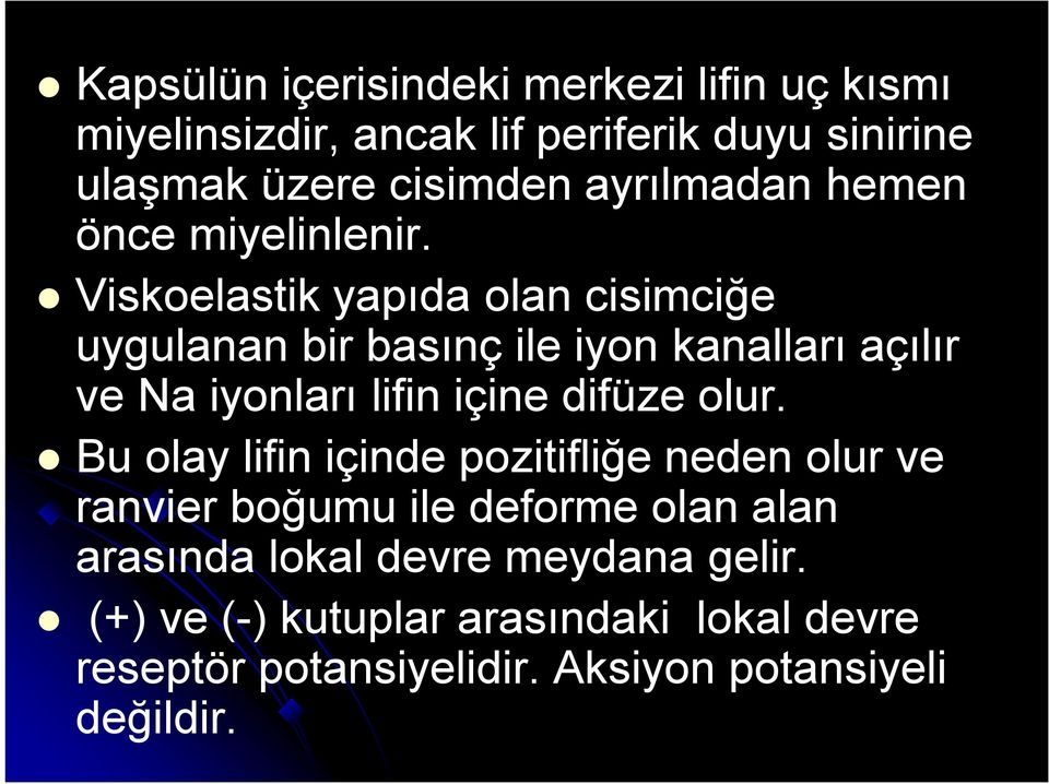 Viskoelastik yapıda olan cisimciğe uygulanan bir basınç ile iyon kanalları açılır ve Na iyonları lifin içine difüze olur.