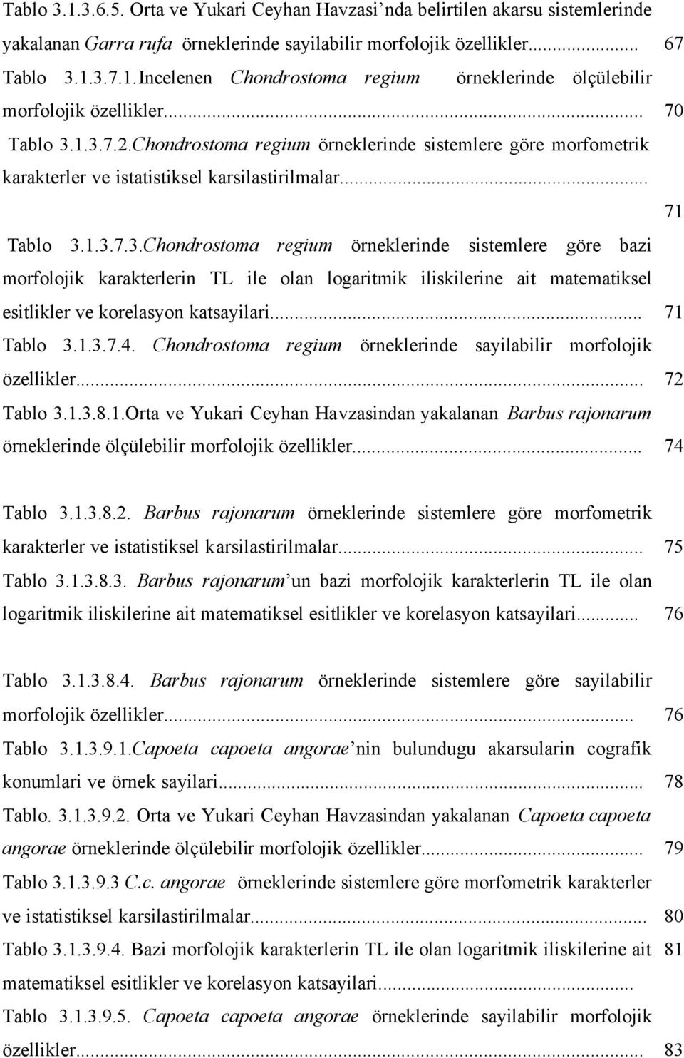 .. 71 Tablo 3.1.3.7.4. Chondrostoma regium örneklerinde sayilabilir morfolojik özellikler... 72 Tablo 3.1.3.8.1.Orta ve Yukari Ceyhan Havzasindan yakalanan Barbus rajonarum örneklerinde ölçülebilir morfolojik özellikler.