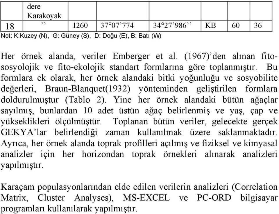 Bu formlara ek olarak, her örnek alandaki bitki yoğunluğu ve sosyobilite değerleri, Braun-Blanquet(1932) yönteminden geliştirilen formlara doldurulmuştur (Tablo 2).