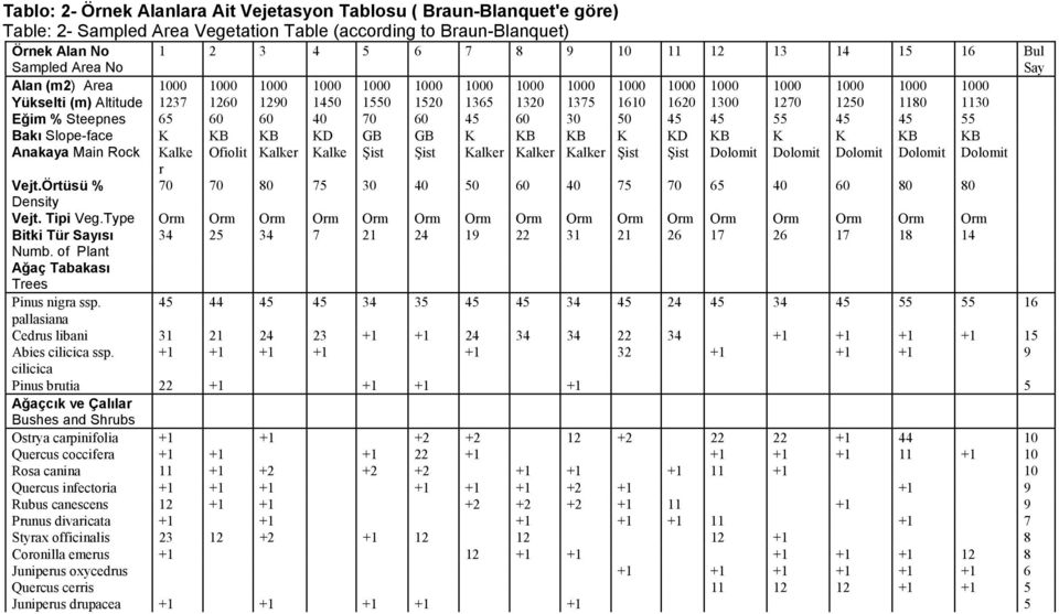 1270 1250 1180 1130 Eğim % Steepnes 65 60 60 40 70 60 45 60 30 50 45 45 55 45 45 55 Bakı Slope-face K KB KB KD GB GB K KB KB K KD KB K K KB KB Anakaya Main Rock Kalke Ofiolit Kalker Kalke Şist Şist