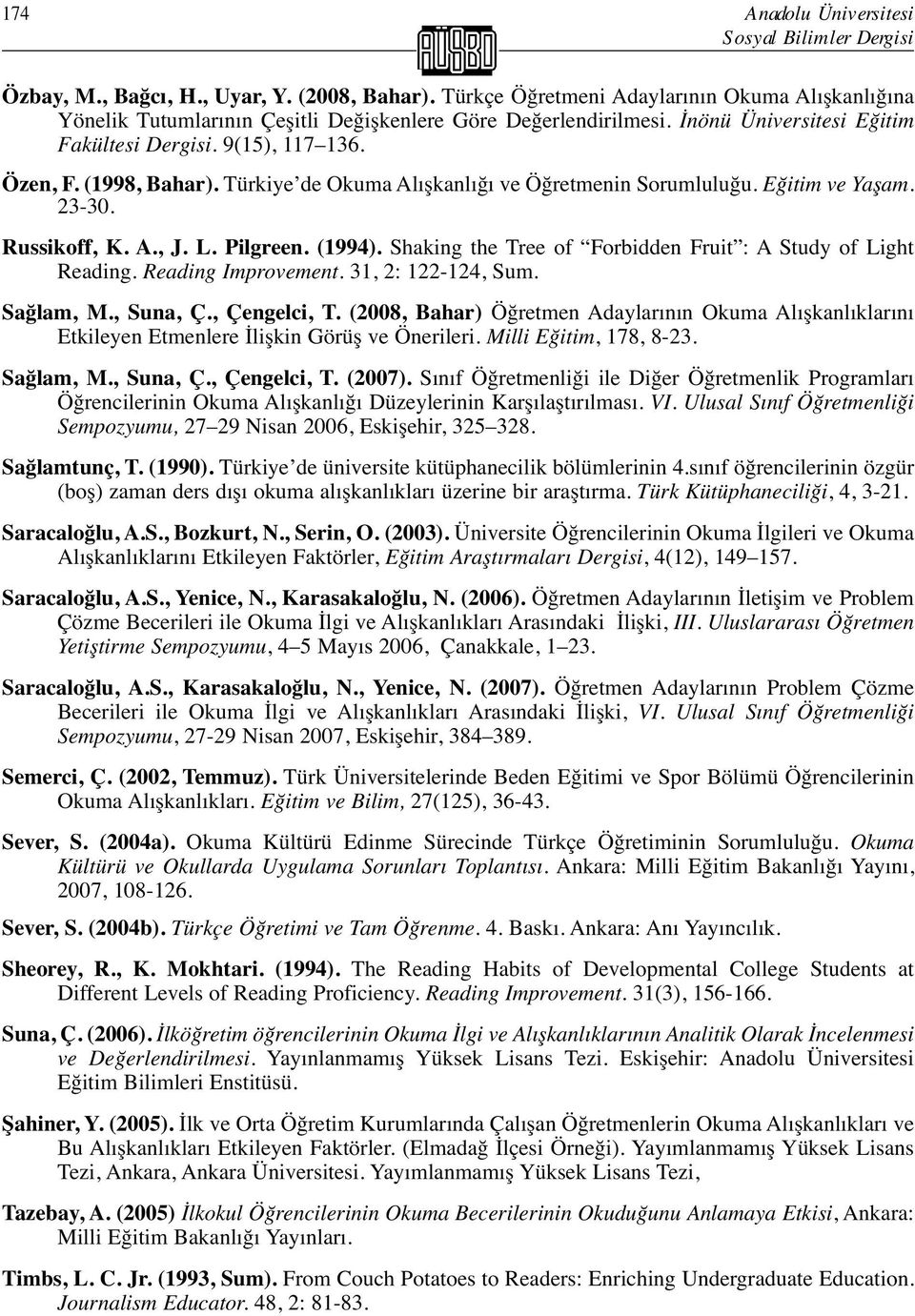 Türkiye de Okuma Alışkanlığı ve Öğretmenin Sorumluluğu. Eğitim ve Yaşam. 23-30. Russikoff, K. A., J. L. Pilgreen. (1994). Shaking the Tree of Forbidden Fruit : A Study of Light Reading.