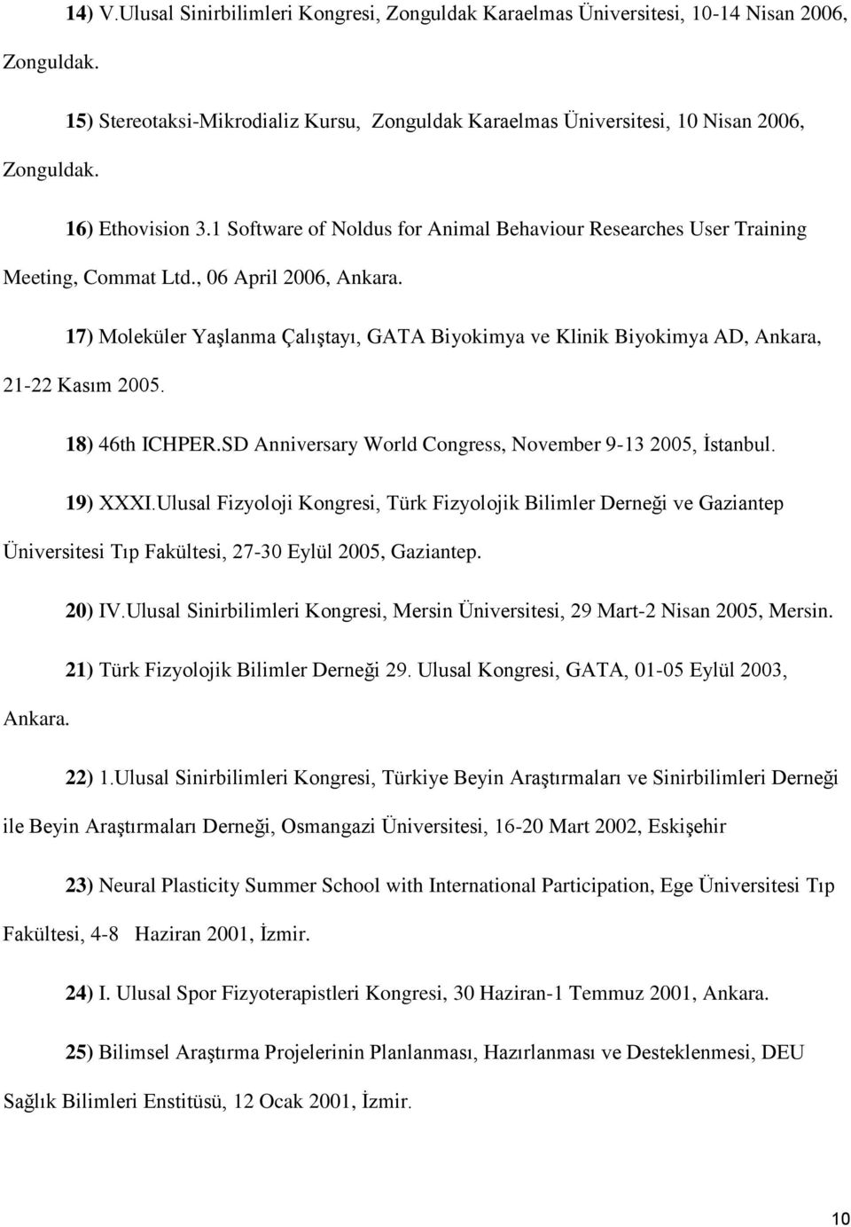 , 06 April 2006, Ankara. 17) Moleküler YaĢlanma ÇalıĢtayı, GATA Biyokimya ve Klinik Biyokimya AD, Ankara, 21-22 Kasım 2005. 18) 46th ICHPER.SD Anniversary World Congress, November 9-13 2005, Ġstanbul.