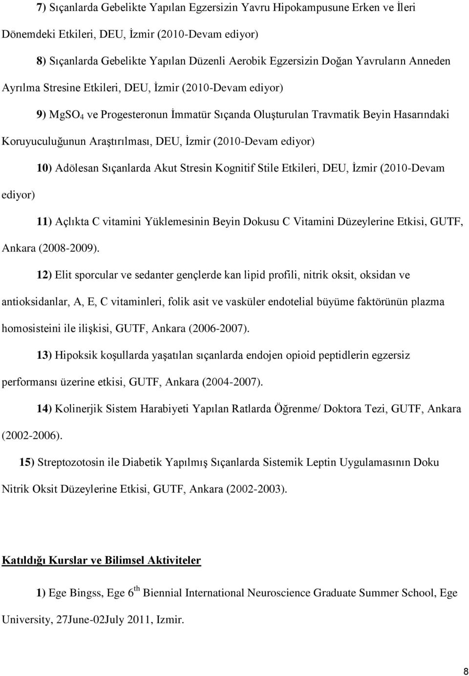 Ġzmir (2010-Devam ediyor) 10) Adölesan Sıçanlarda Akut Stresin Kognitif Stile Etkileri, DEU, Ġzmir (2010-Devam ediyor) 11) Açlıkta C vitamini Yüklemesinin Beyin Dokusu C Vitamini Düzeylerine Etkisi,