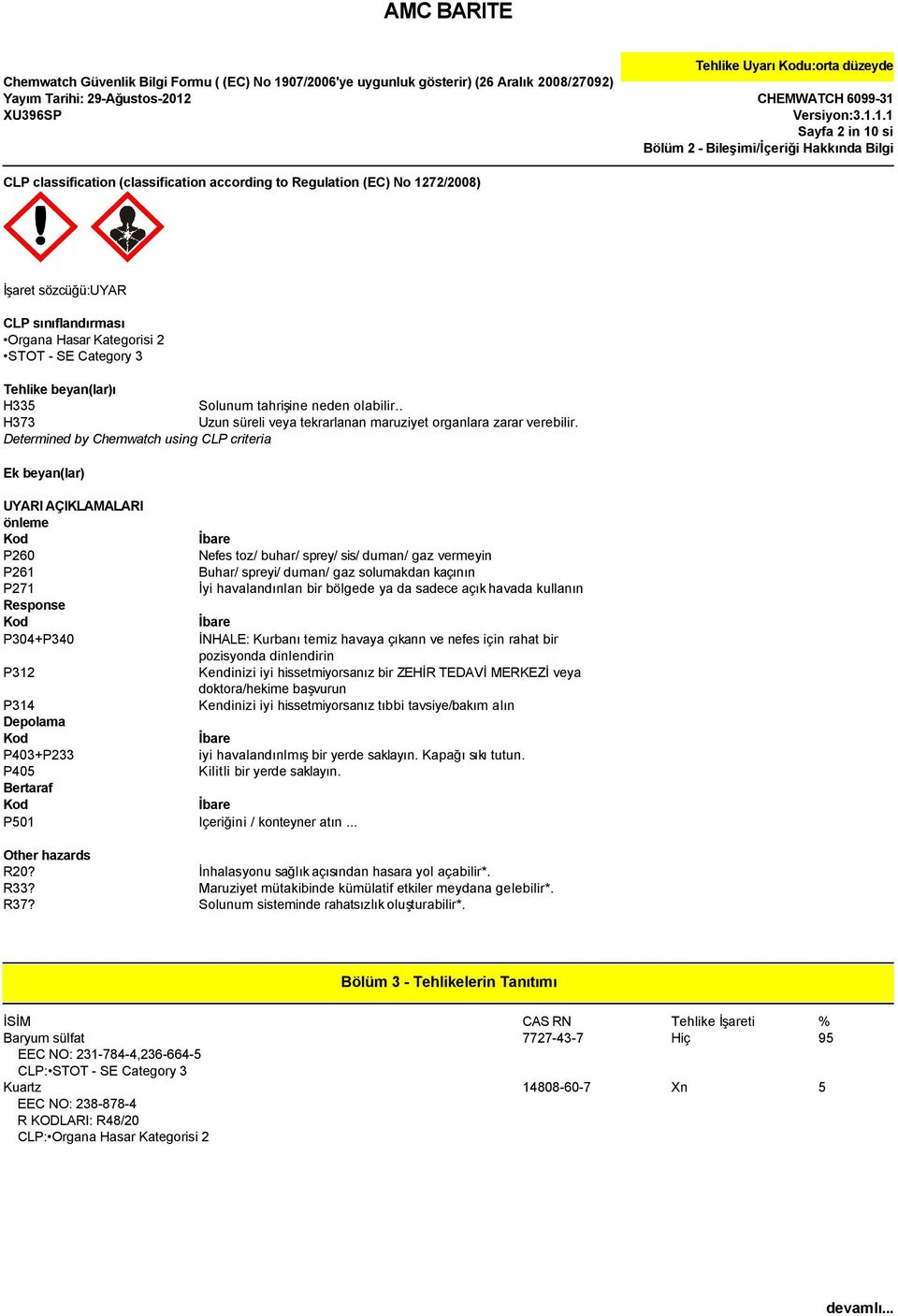 Determined by Chemwatch using CLP criteria Ek beyan(lar) UYARI AÇIKLAMALARI önleme P260 P261 P271 Response P304+P340 Nefes toz/ buhar/ sprey/ sis/ duman/ gaz vermeyin Buhar/ spreyi/ duman/ gaz