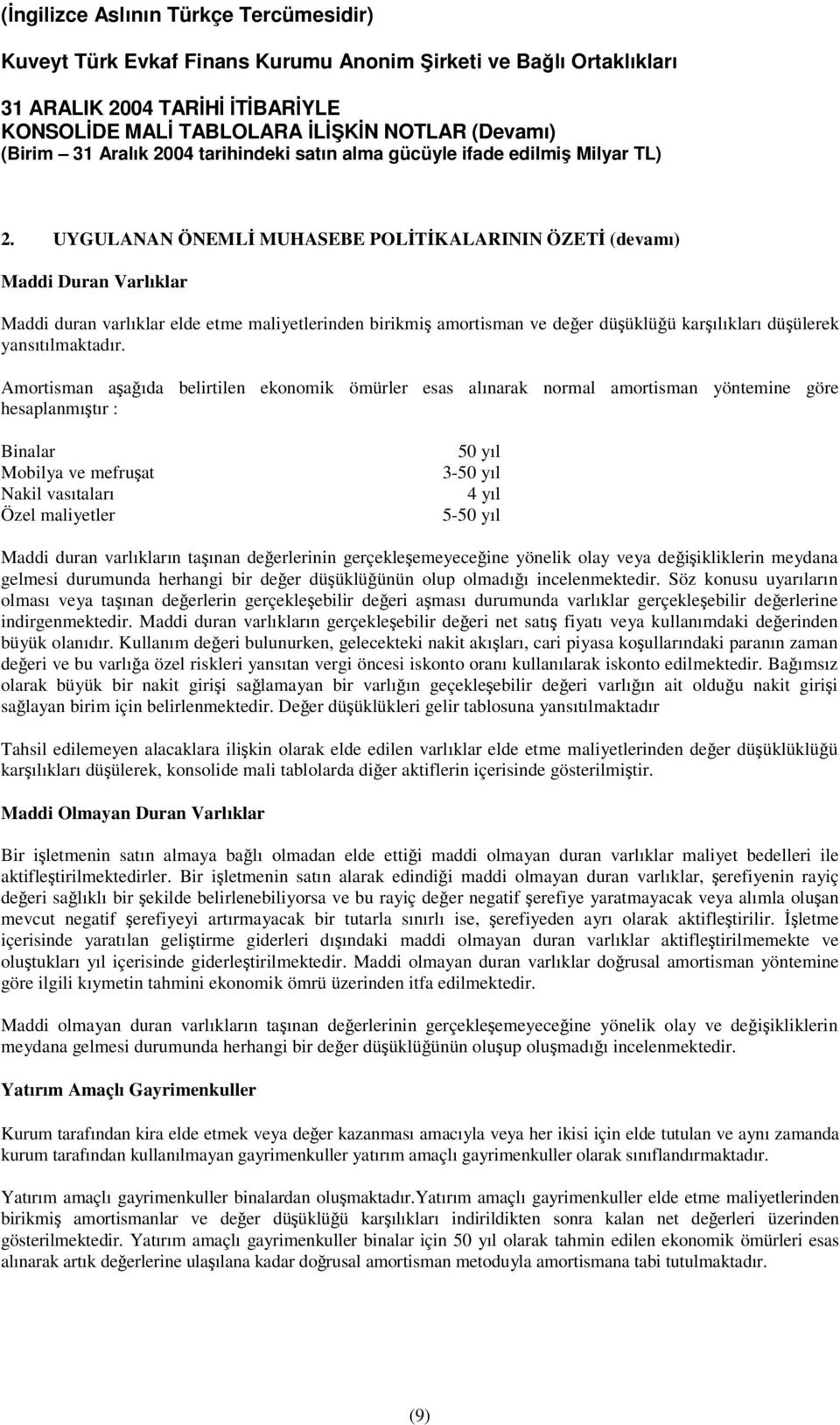 Maddi duran varlıkların taınan deerlerinin gerçekleemeyeceine yönelik olay veya deiikliklerin meydana gelmesi durumunda herhangi bir deer düüklüünün olup olmadıı incelenmektedir.