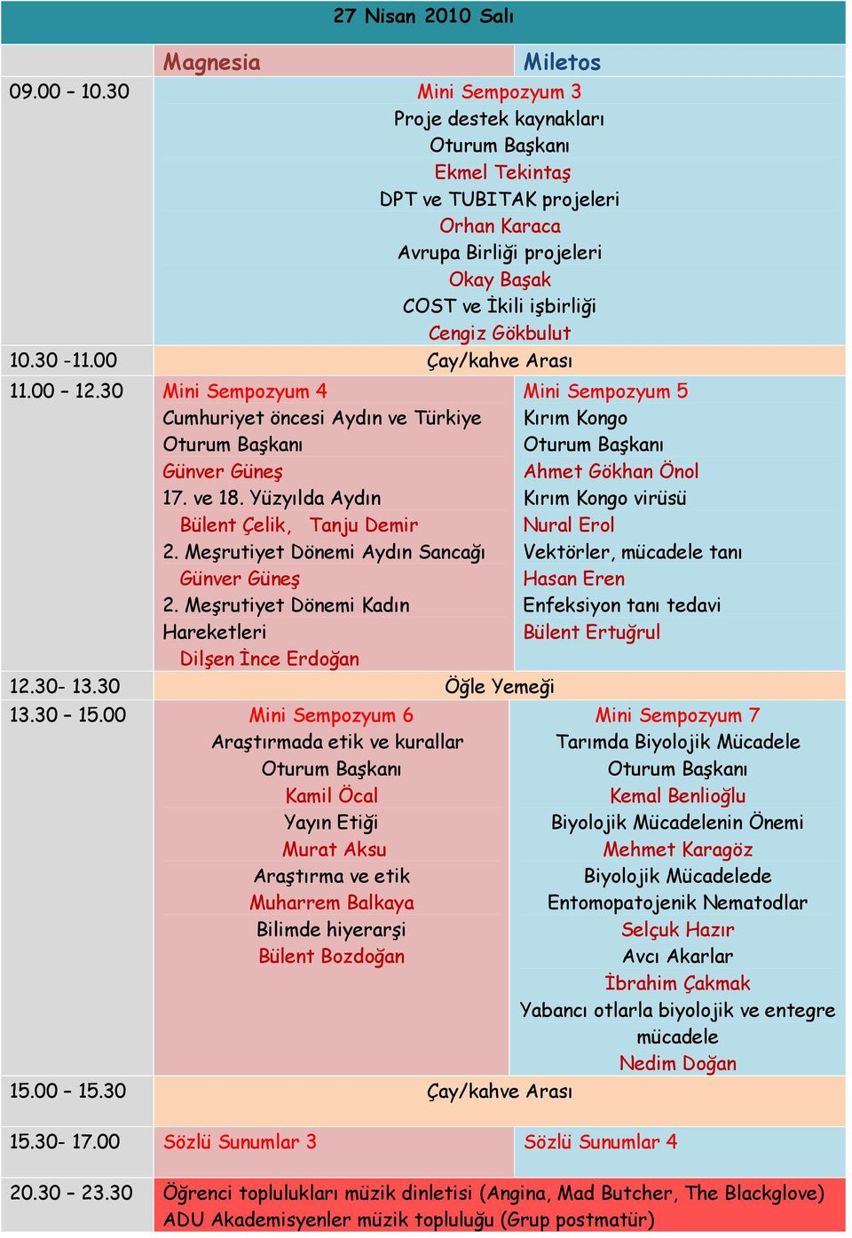 00 Çay/kahve Arası 11.00 12.30 Mini Sempozyum 4 Cumhuriyet öncesi Aydın ve Türkiye Günver Güneş 17. ve 18. Yüzyılda Aydın Bülent Çelik, Tanju Demir 2. Meşrutiyet Dönemi Aydın Sancağı Günver Güneş 2.