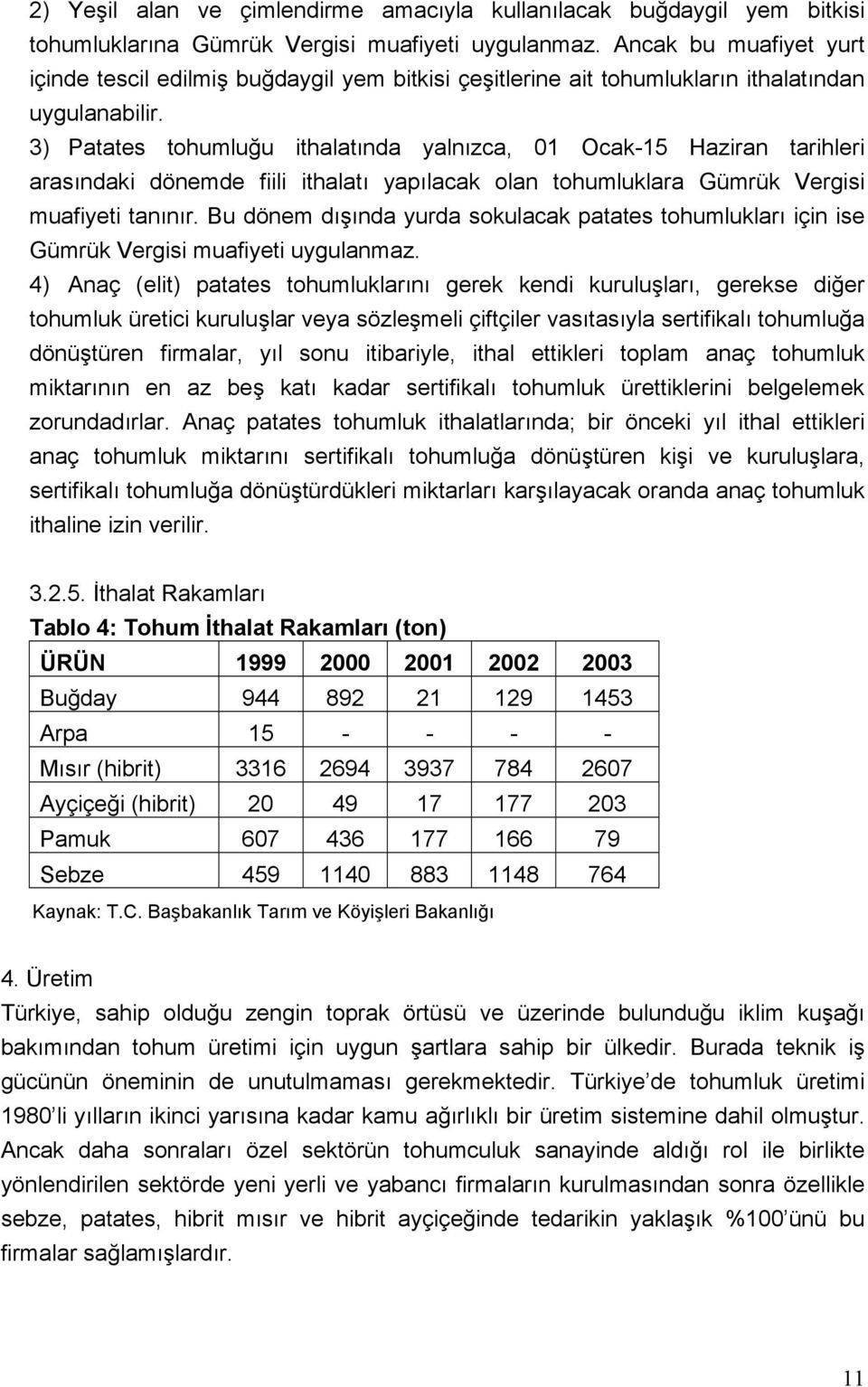 3) Patates tohumluğu ithalatında yalnızca, 01 Ocak-15 Haziran tarihleri arasındaki dönemde fiili ithalatı yapılacak olan tohumluklara Gümrük Vergisi muafiyeti tanınır.