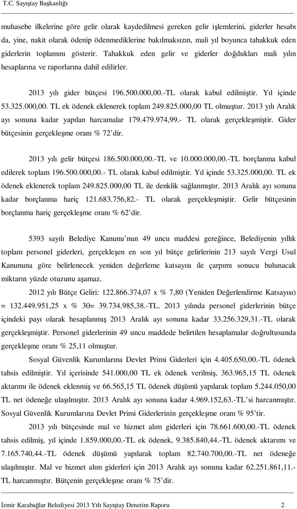 000,00. TL ek ödenek eklenerek toplam 249.825.000,00 TL olmu tur. 2013 y Aral k ay sonuna kadar yap lan harcamalar 179.479.974,99.- TL olarak gerçekle mi tir.