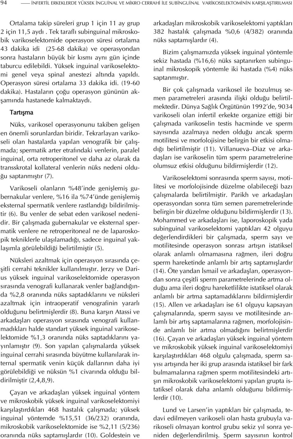 Yüksek inguinal varikoselektomi genel veya spinal anestezi altında yapıldı. Operasyon süresi ortalama 33 dakika idi. (19-60 dakika). Hastaların çoğu operasyon gününün akşamında hastanede kalmaktaydı.