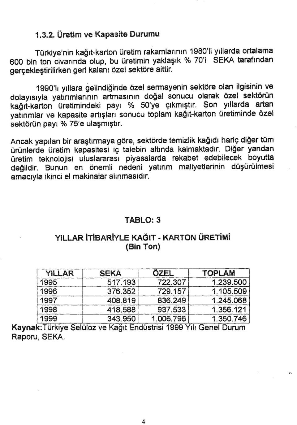 Son yllarda artan yatrmlar ve kapasite artşlar sonucu toplam kağt-karton üretiminde özel sektörün pay o/o 75'e uiaşmştr.