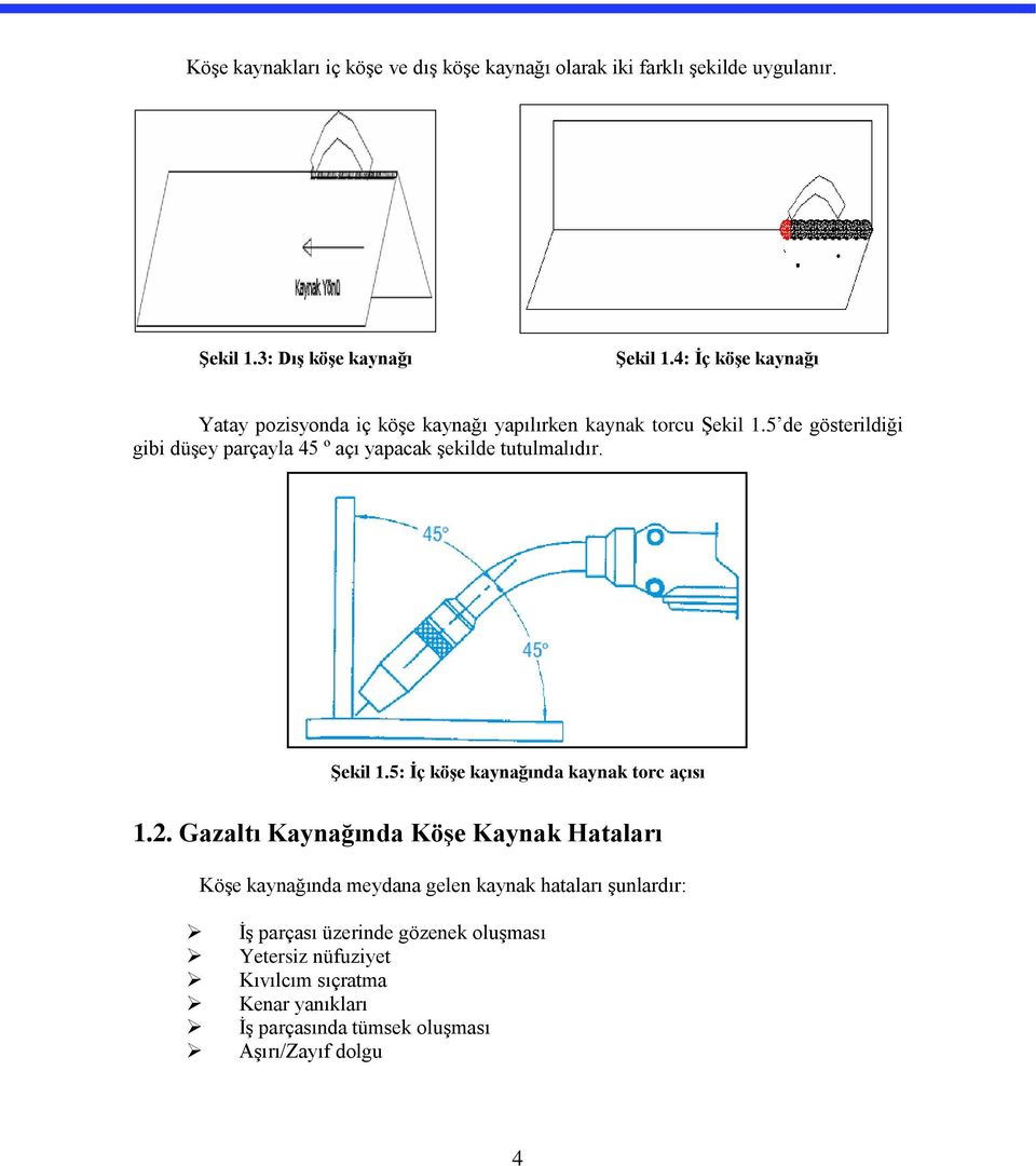 5 de gösterildiği gibi düşey parçayla 45 º açı yapacak şekilde tutulmalıdır. Şekil 1.5: İç köşe kaynağında kaynak torc açısı 1.2.