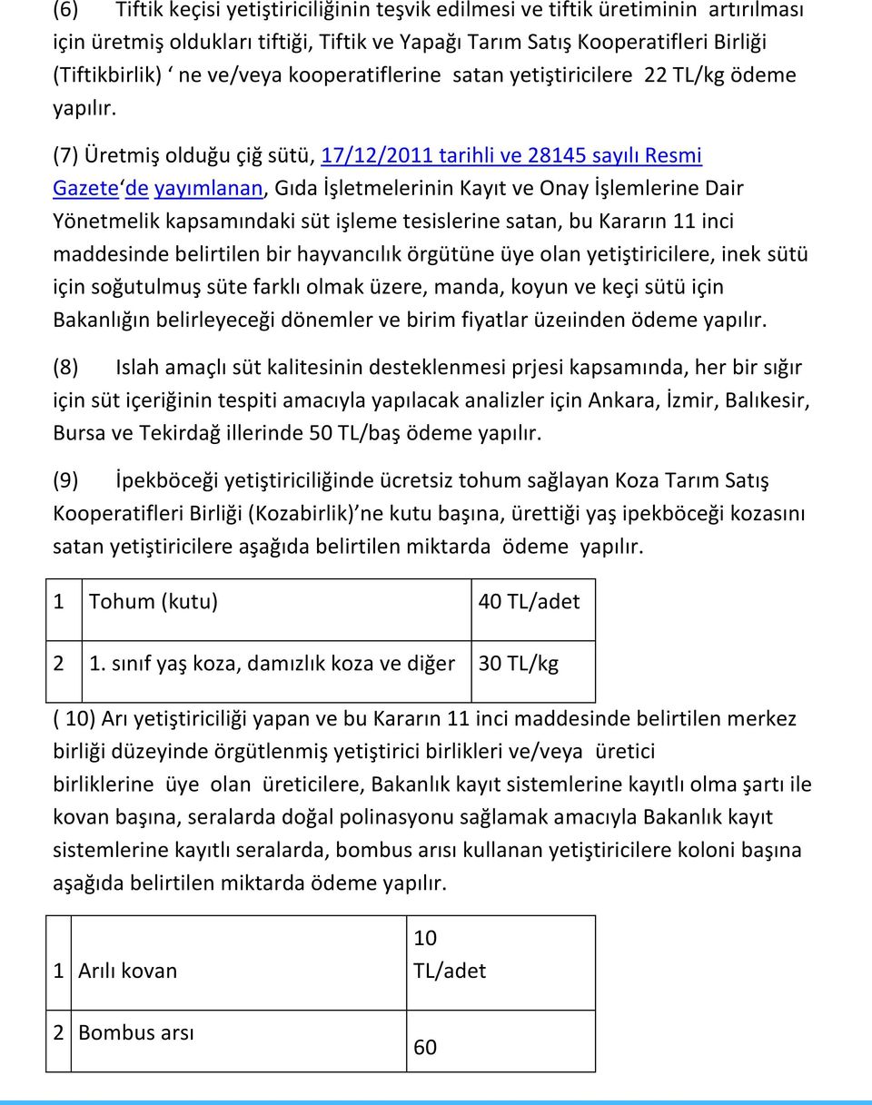 (7) Üretmiş olduğu çiğ sütü, 17/12/2011 tarihli ve 28145 sayılı Resmi Gazete de yayımlanan, Gıda İşletmelerinin Kayıt ve Onay İşlemlerine Dair Yönetmelik kapsamındaki süt işleme tesislerine satan, bu