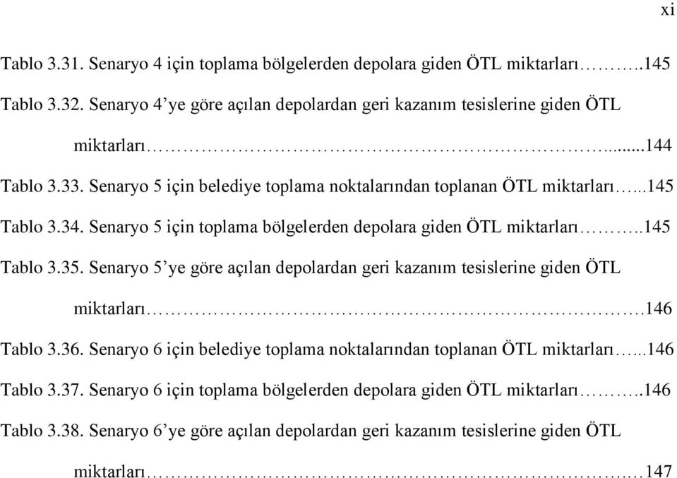 .145 Tablo 3.35. Senaryo 5 ye göre açılan depolardan geri kazanım tesislerine giden ÖTL miktarları.146 Tablo 3.36.