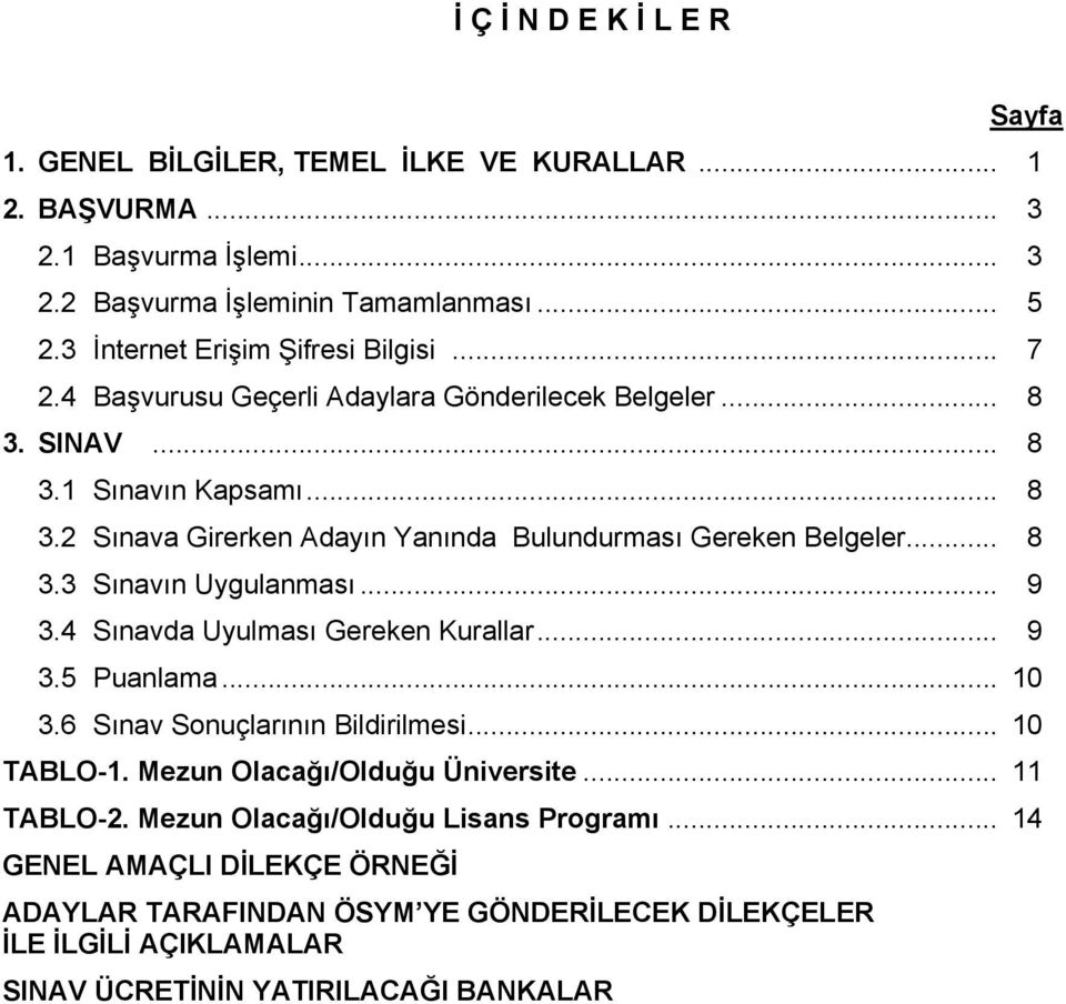 .. 8 3.3 Sınavın Uygulanması... 9 3.4 Sınavda Uyulması Gereken Kurallar... 9 3.5 Puanlama... 10 3.6 Sınav Sonuçlarının Bildirilmesi... 10 TABLO-1. Mezun Olacağı/Olduğu Üniversite.