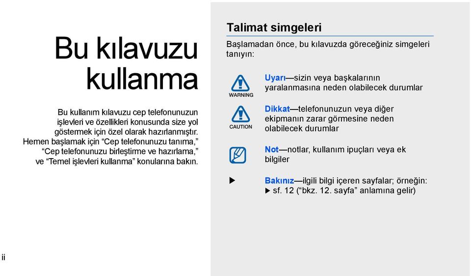 Talimat simgeleri Başlamadan önce, bu kılavuzda göreceğiniz simgeleri tanıyın: Uyarı sizin veya başkalarının yaralanmasına neden olabilecek durumlar Dikkat