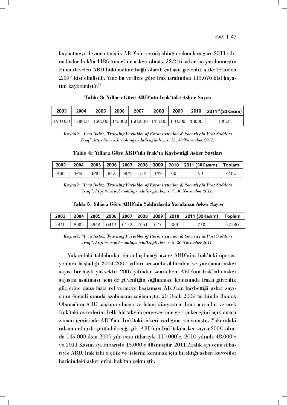 38 Tablo 3: Yıllara Göre ABD nin Irak taki Asker Sayısı 2003 2004 2005 2006 2007 2008 2009 2010 2011 39 (30Kasım) 150.