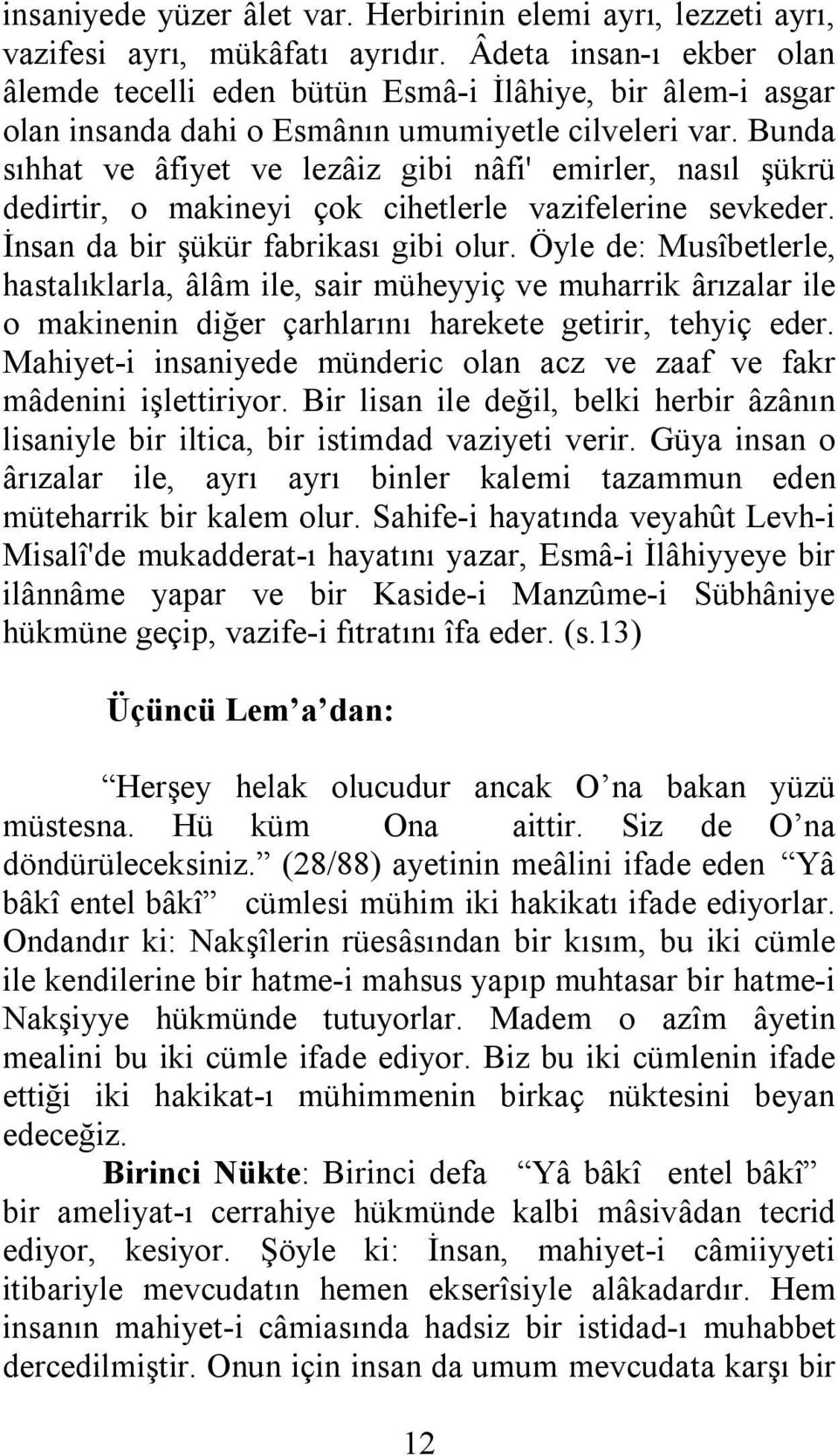 Bunda sıhhat ve âfiyet ve lezâiz gibi nâfi' emirler, nasıl şükrü dedirtir, o makineyi çok cihetlerle vazifelerine sevkeder. İnsan da bir şükür fabrikası gibi olur.