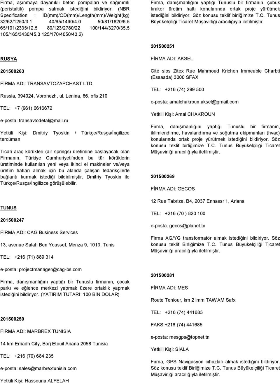 2) Firma, danışmanlığını yaptığı Tunuslu bir firmanın, çubuk kraker üretim hattı konularında ortak proje yürütmek istediğini bildiriyor. Söz konusu teklif birliğimize T.C.