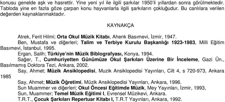 Ben, Mustafa ve dierleri; Talim ve Terbiye Kurulu Bakanlıı 1923-1983, Milli Eitim Basımevi, stanbul, 1995. Ergan, Salih; Türkiye nin Müzik Biblografyası, Konya, 1994. Saer, T.