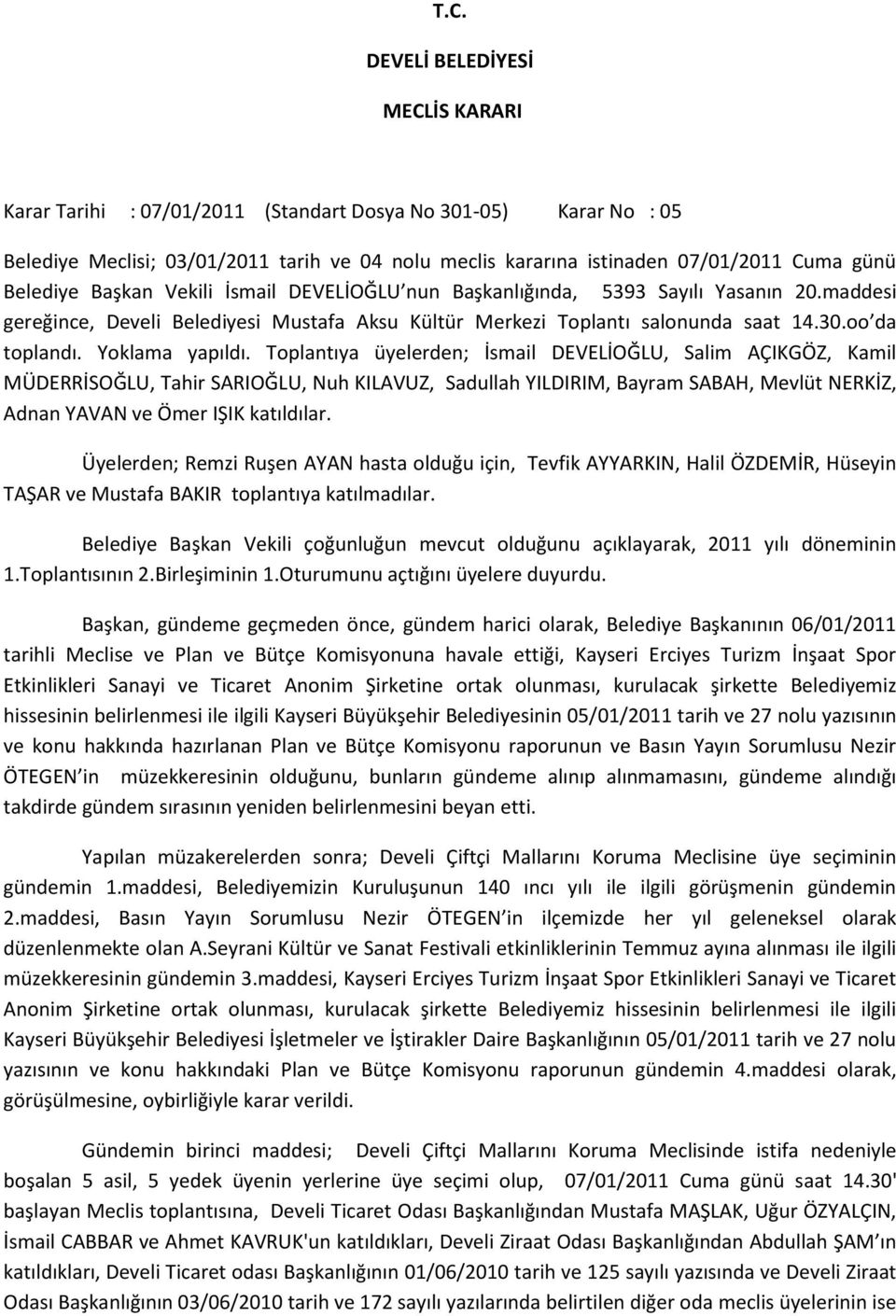 Toplantıya üyelerden; İsmail DEVELİOĞLU, Salim AÇIKGÖZ, Kamil MÜDERRİSOĞLU, Tahir SARIOĞLU, Nuh KILAVUZ, Sadullah YILDIRIM, Bayram SABAH, Mevlüt NERKİZ, Adnan YAVAN ve Ömer IŞIK katıldılar.