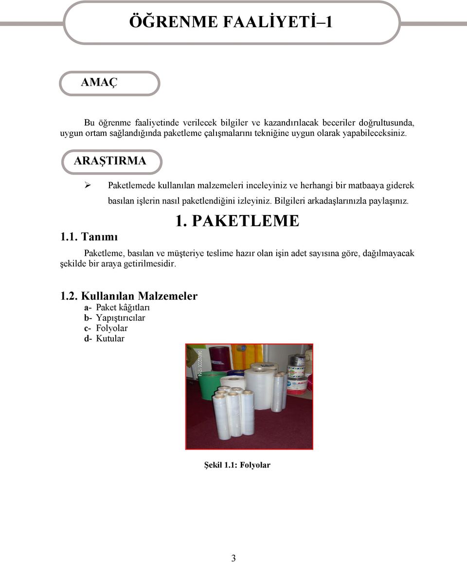 ARAŞTIRMA Paketlemede kullanılan malzemeleri inceleyiniz ve herhangi bir matbaaya giderek basılan işlerin nasıl paketlendiğini izleyiniz.