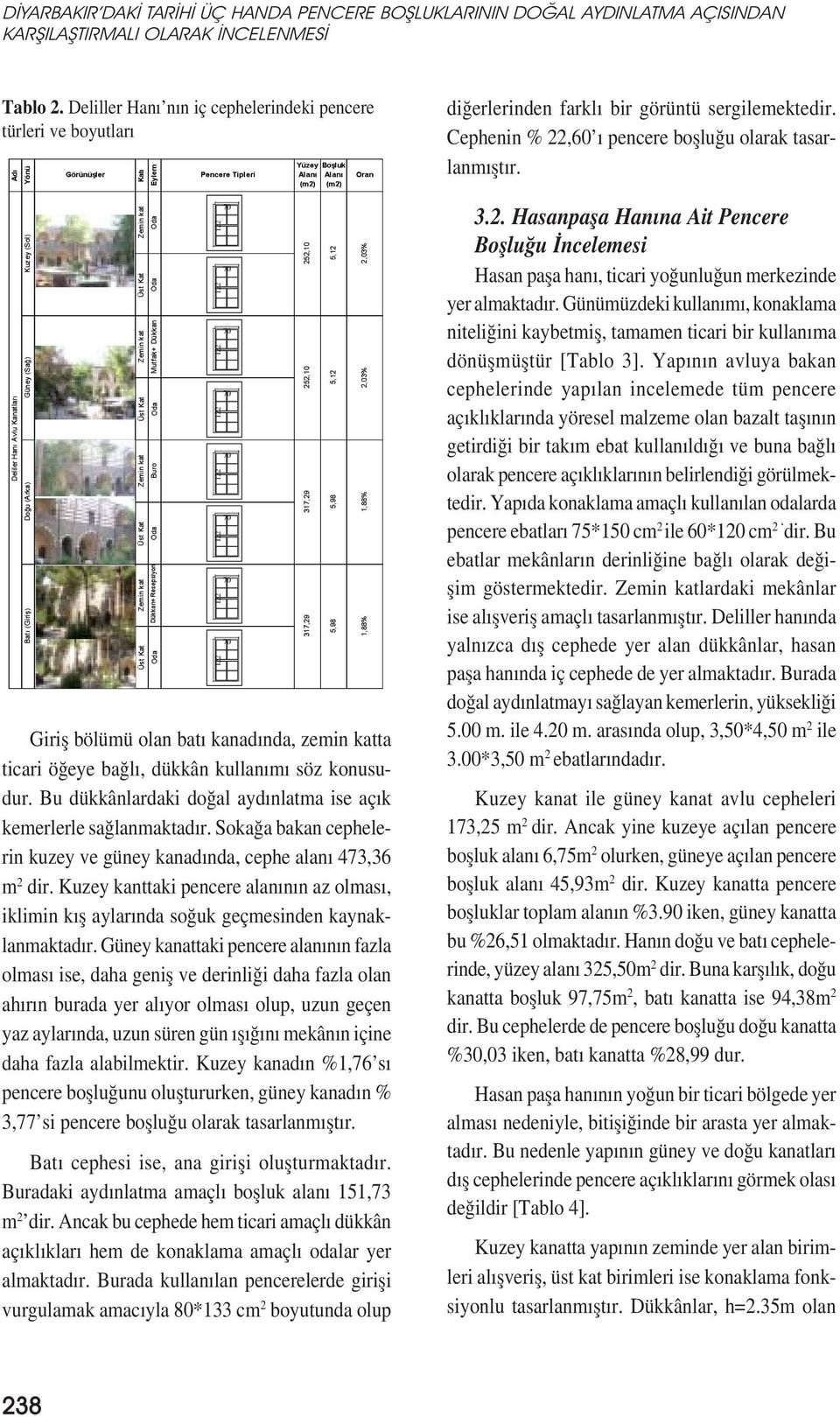 Bu dükkânlardaki doğal aydınlatma ise açık kemerlerle sağlanmaktadır. Sokağa bakan cephelerin kuzey ve güney kanadında, cephe alanı 473,36 m 2 dir.