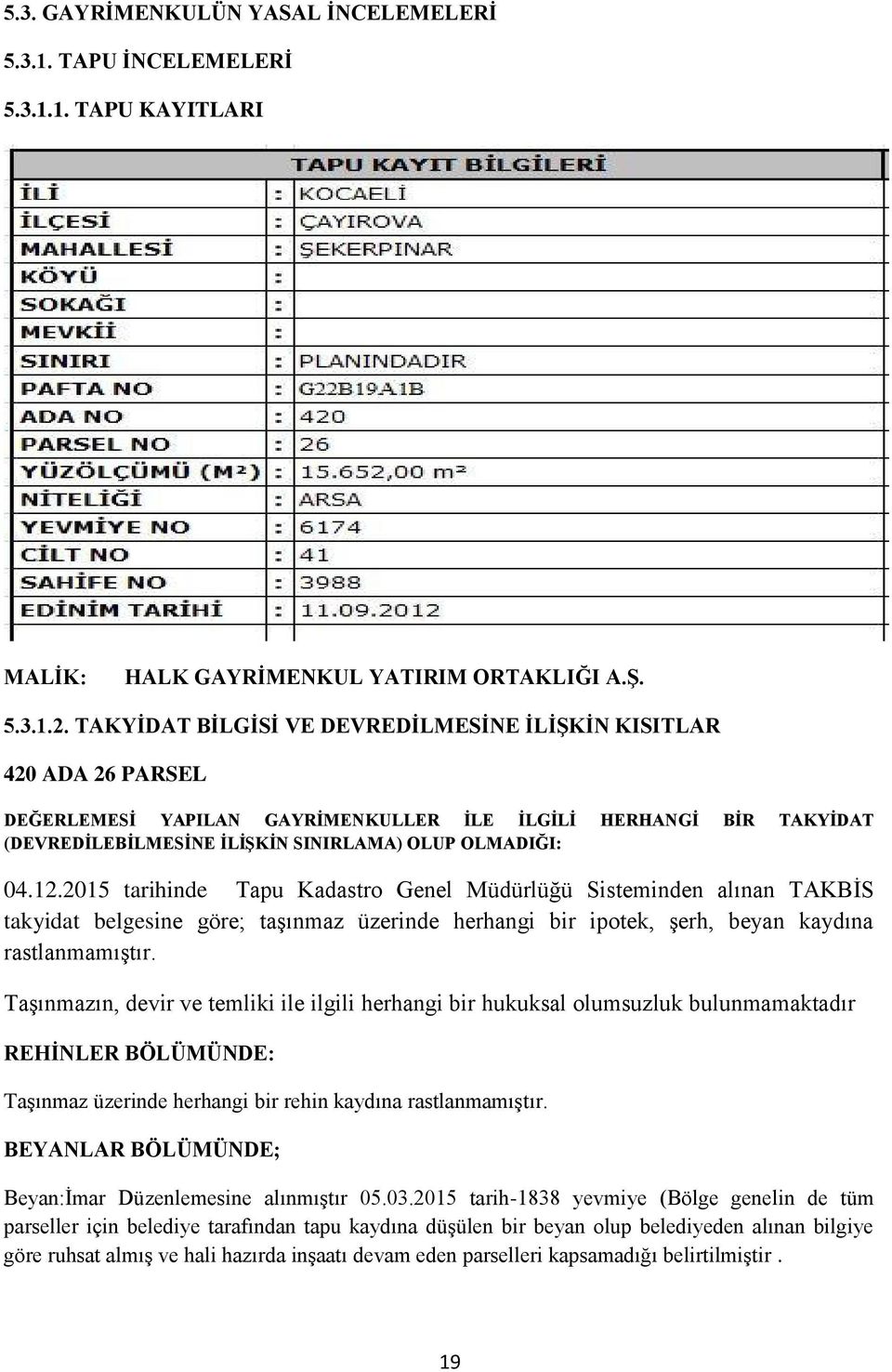 2015 tarihinde Tapu Kadastro Genel Müdürlüğü Sisteminden alınan TAKBĠS takyidat belgesine göre; taģınmaz üzerinde herhangi bir ipotek, Ģerh, beyan kaydına rastlanmamıģtır.