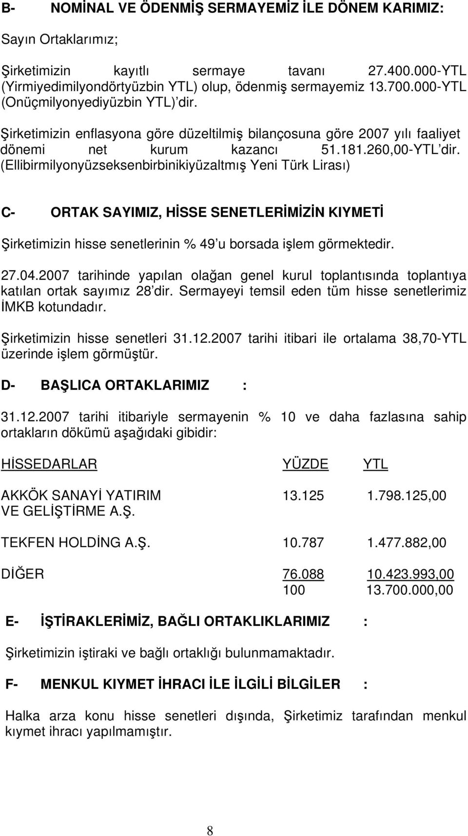 (Ellibirmilyonyüzseksenbirbinikiyüzaltmış Yeni Türk Lirası) C- ORTAK SAYIMIZ, HİSSE SENETLERİMİZİN KIYMETİ Şirketimizin hisse senetlerinin % 49 u borsada işlem görmektedir. 27.04.